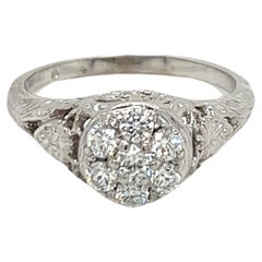 Vintage 18K White Gold Jabel Edwardian Diamond Cluster Filigree Engraved Ring