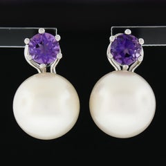 Vintage 18k White Gold Large White Pearl Round Amethyst Drop Omega Earrings