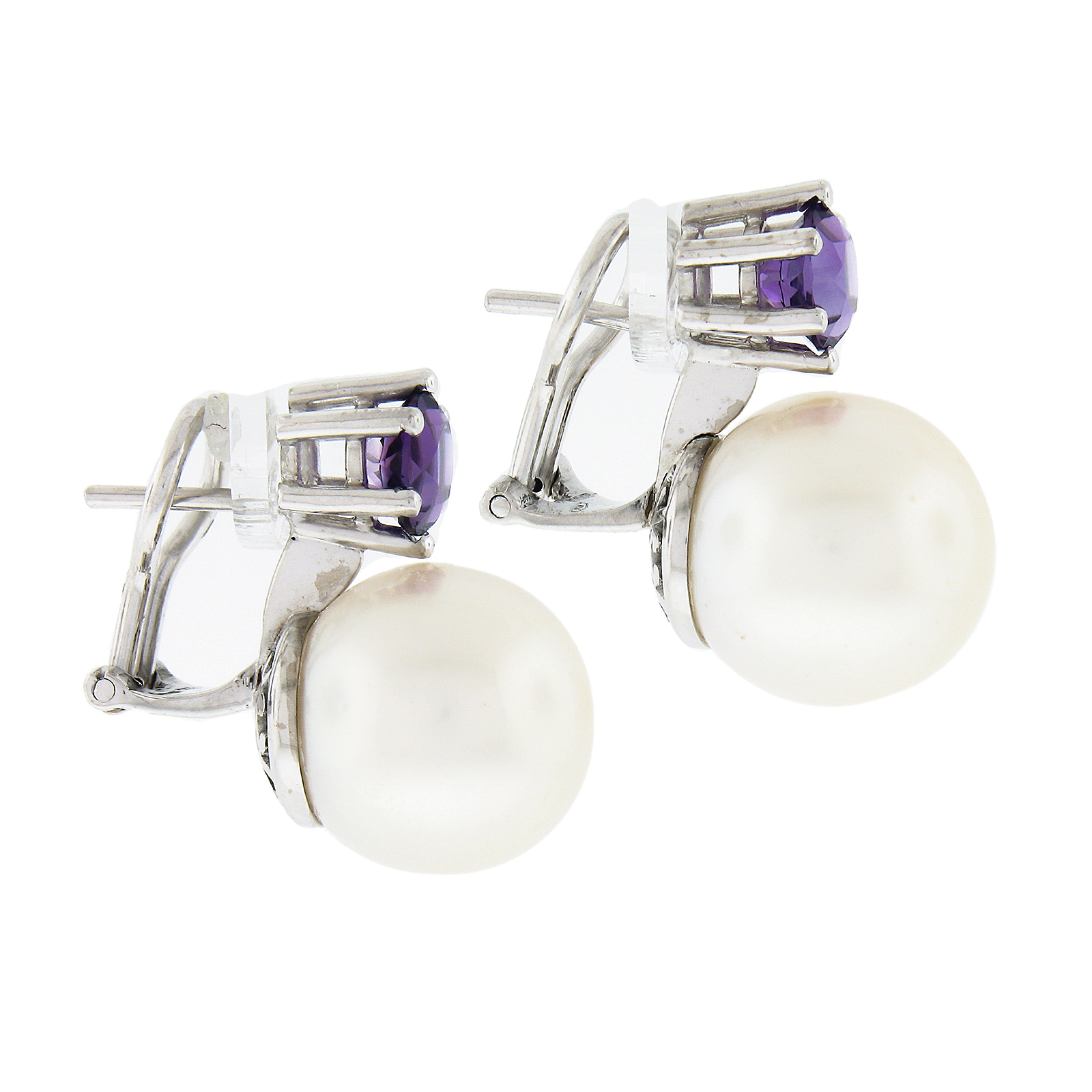 Round Cut Vintage 18k White Gold Large White Pearl Round Amethyst Drop Omega Earrings For Sale