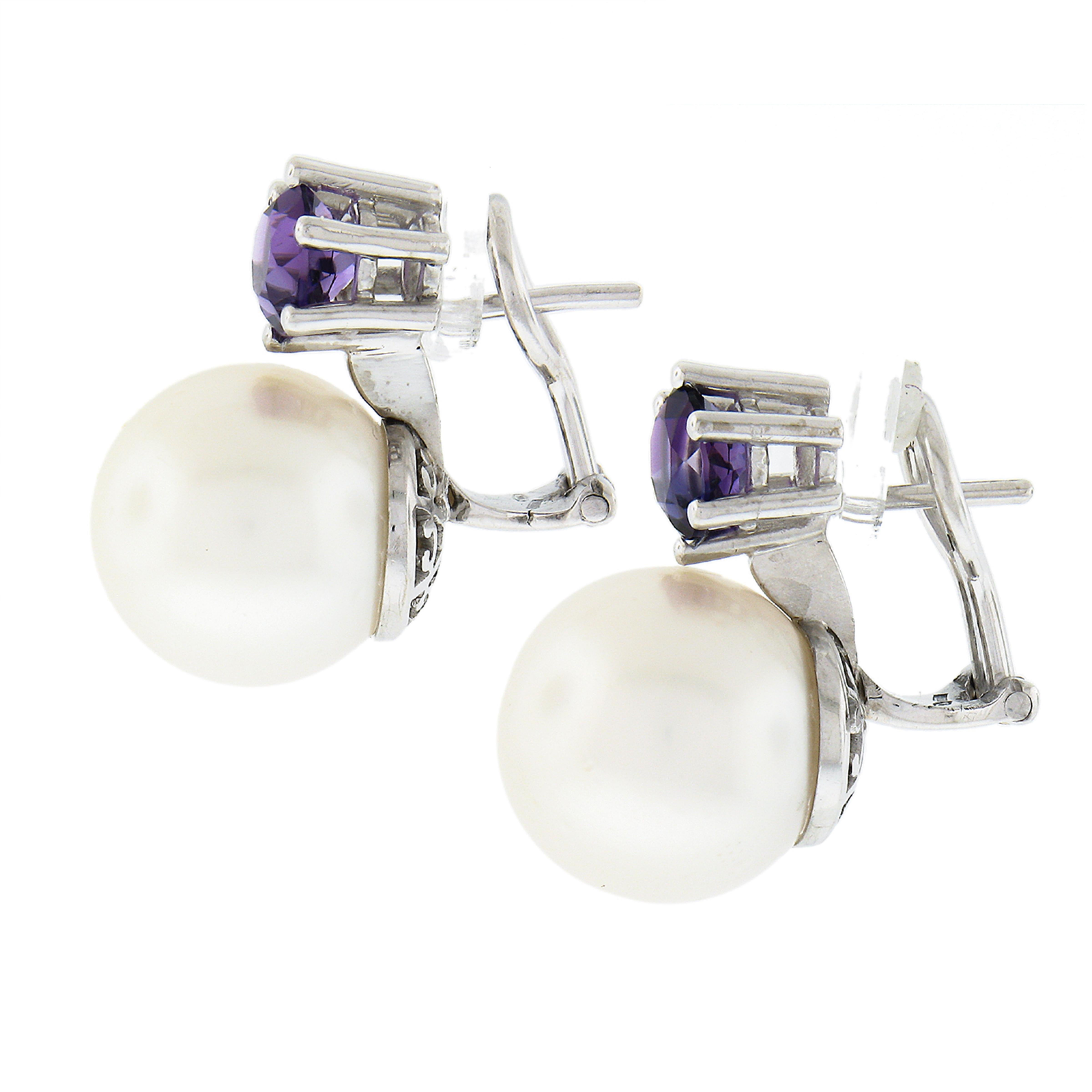 Vintage 18k White Gold Large White Pearl Round Amethyst Drop Omega Earrings In Excellent Condition For Sale In Montclair, NJ