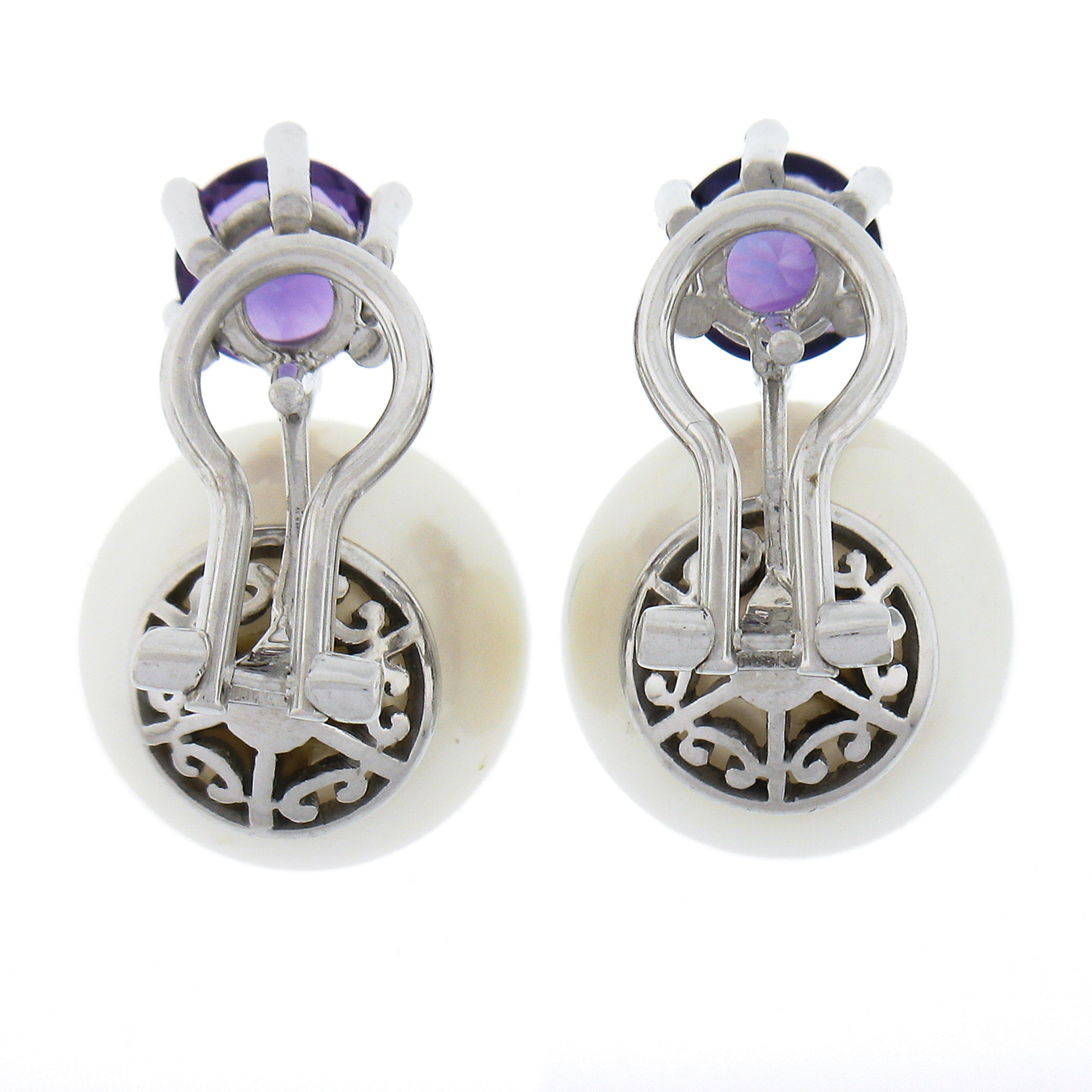 Women's Vintage 18k White Gold Large White Pearl Round Amethyst Drop Omega Earrings For Sale