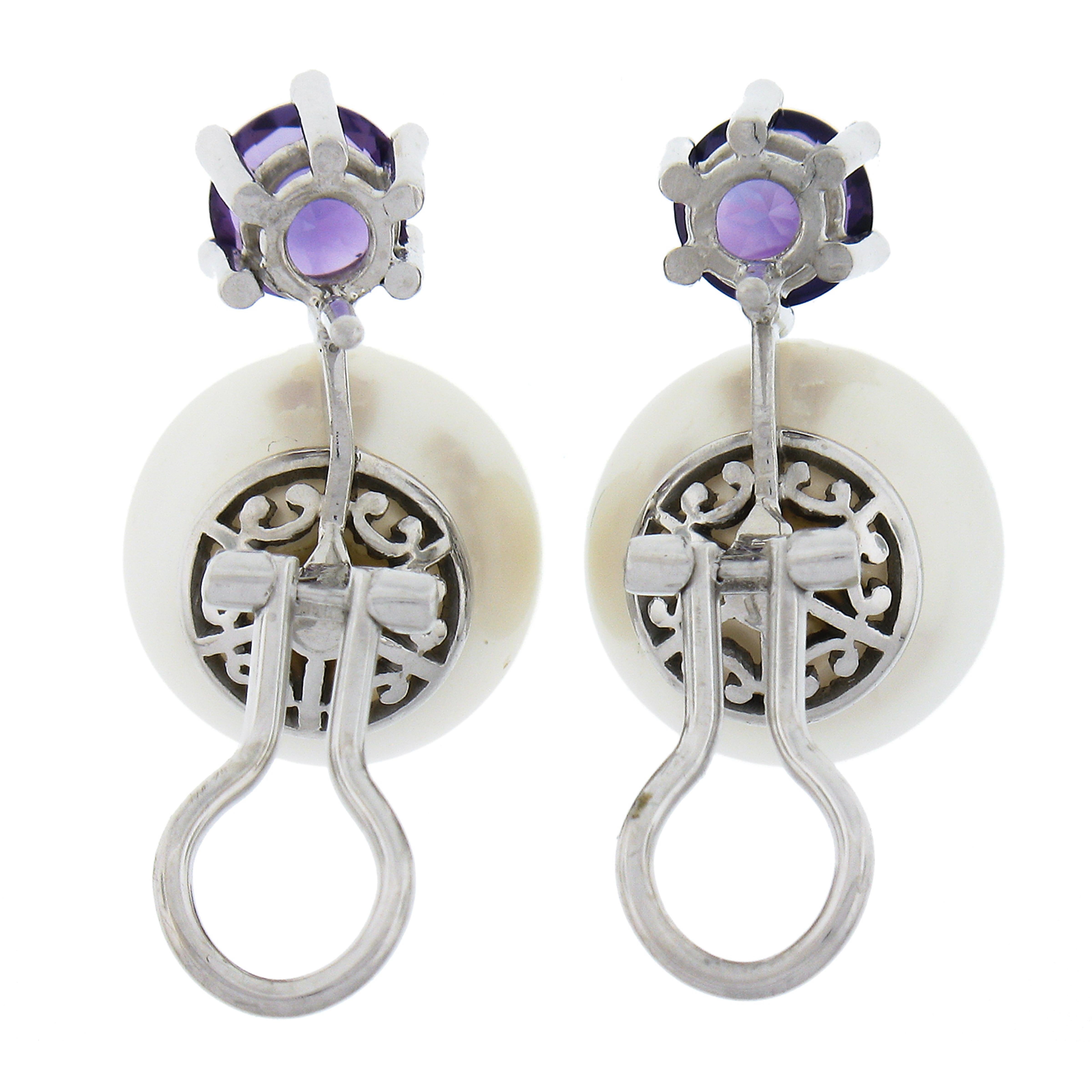 Vintage 18k White Gold Large White Pearl Round Amethyst Drop Omega Earrings For Sale 1