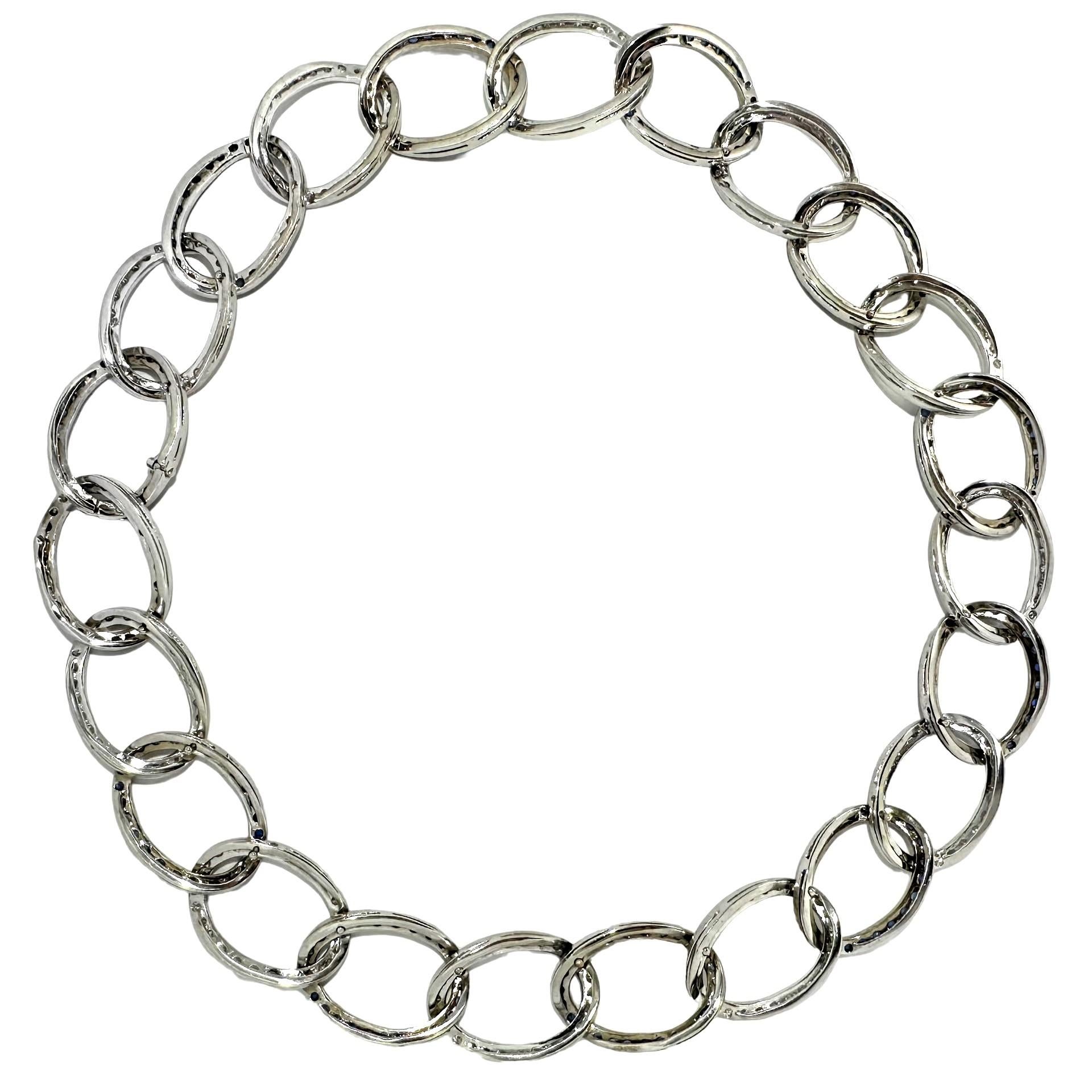 Modern Vintage 18k White Gold Large Open Link Diamond and Sapphire Choker Necklace For Sale