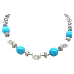 Vintage 18K White Gold Link Necklace with Turquoise, Pearl & 1.5 Carat Diamond