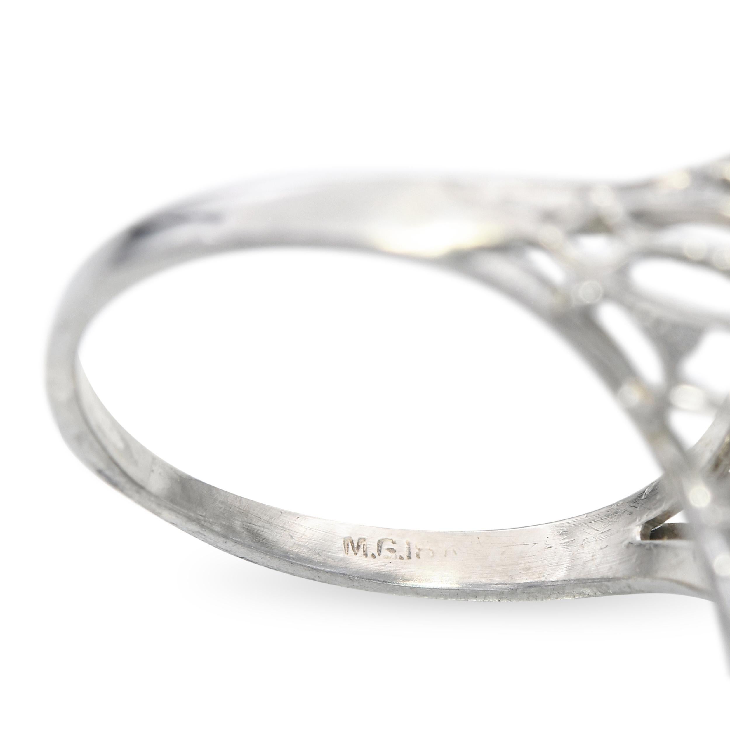 Vintage 18k Weißgold Marquise Aquamarin Filigran Ring Damen im Angebot