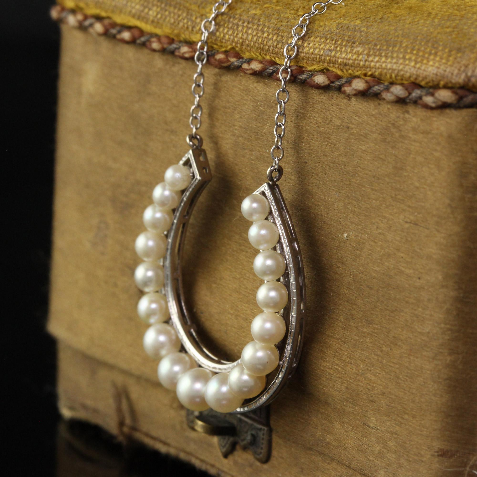 Retro Vintage 18K White Gold Mikimoto Akoya Pearl Horseshoe Pendant Necklace For Sale