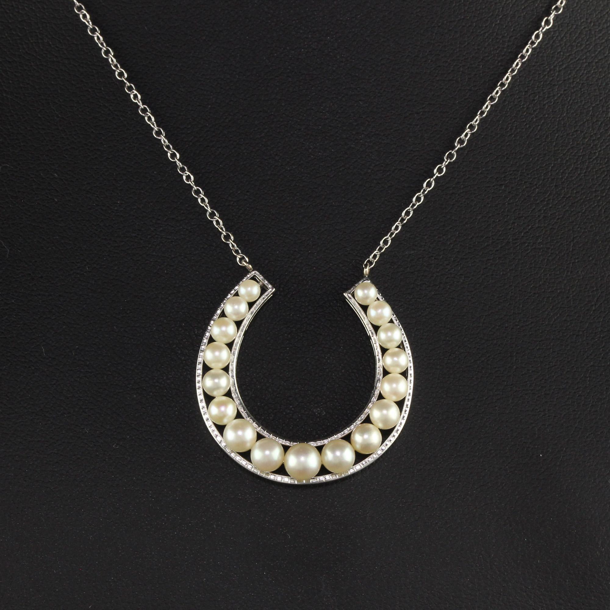 Women's Vintage 18K White Gold Mikimoto Akoya Pearl Horseshoe Pendant Necklace For Sale