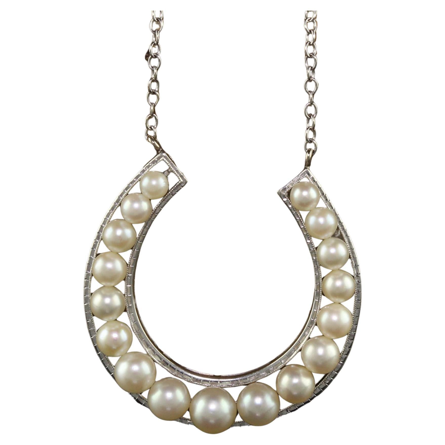 Mikimoto Akoya, collier pendentif fer à cheval vintage en or blanc 18 carats avec perles