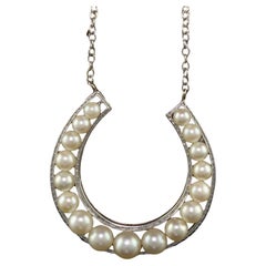 Used 18K White Gold Mikimoto Akoya Pearl Horseshoe Pendant Necklace
