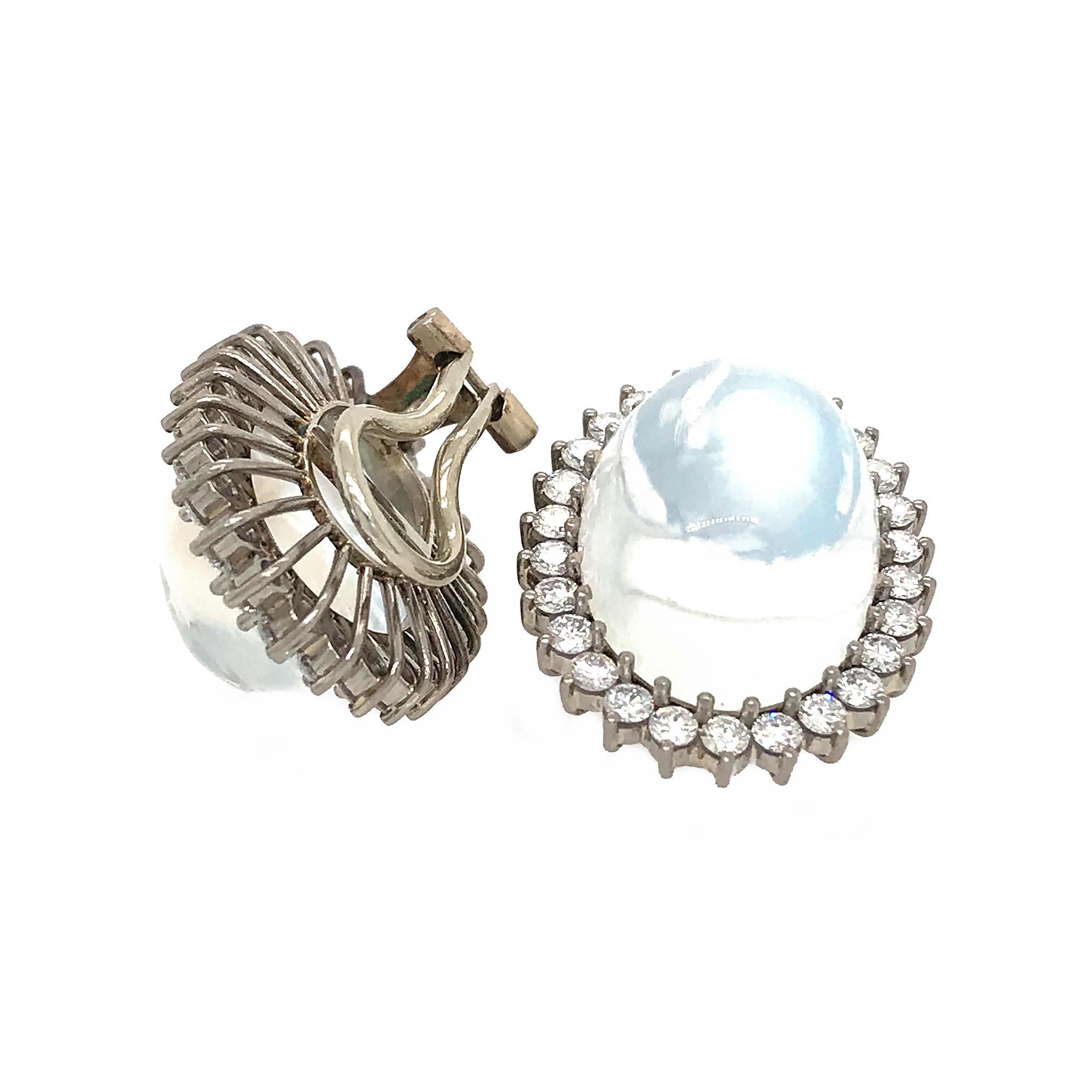 Oval Cut Vintage 18 Karat White Gold Moonstone and Diamond Earrings