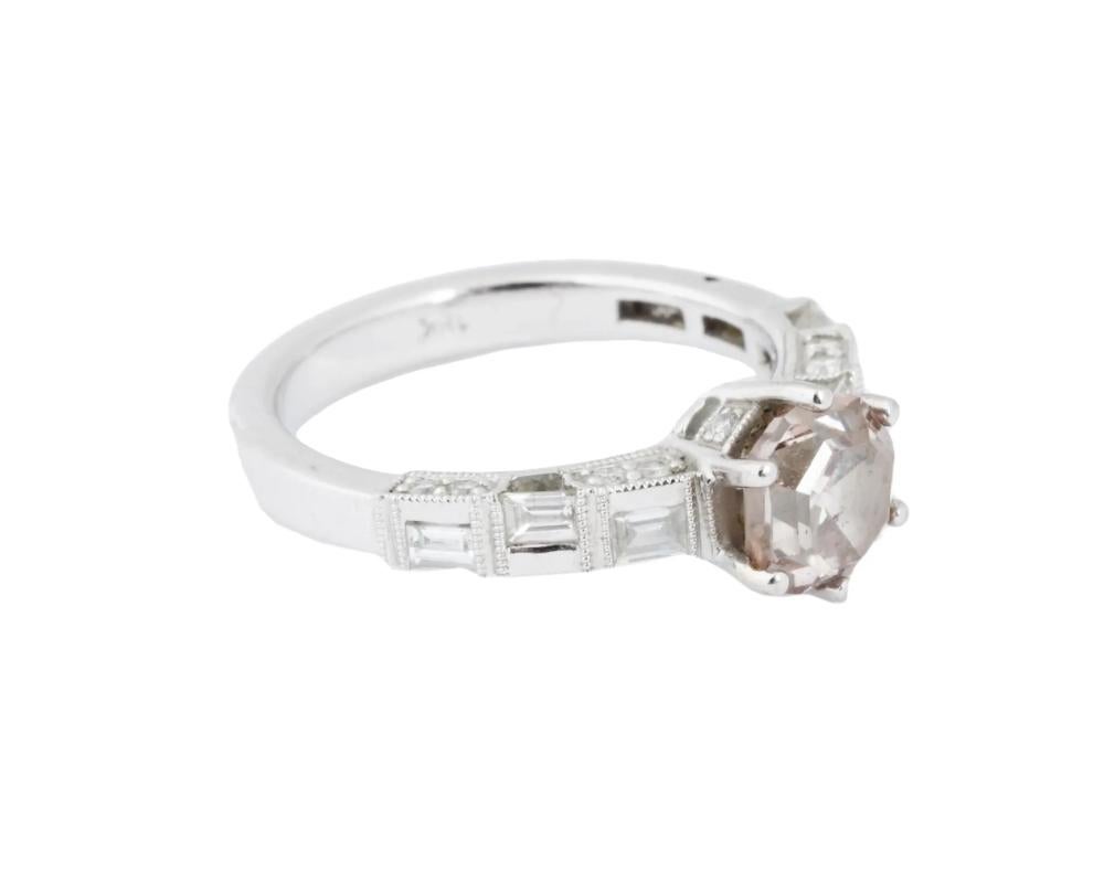 Round Cut Vintage 18K White Gold Morganite Diamond Ring For Sale