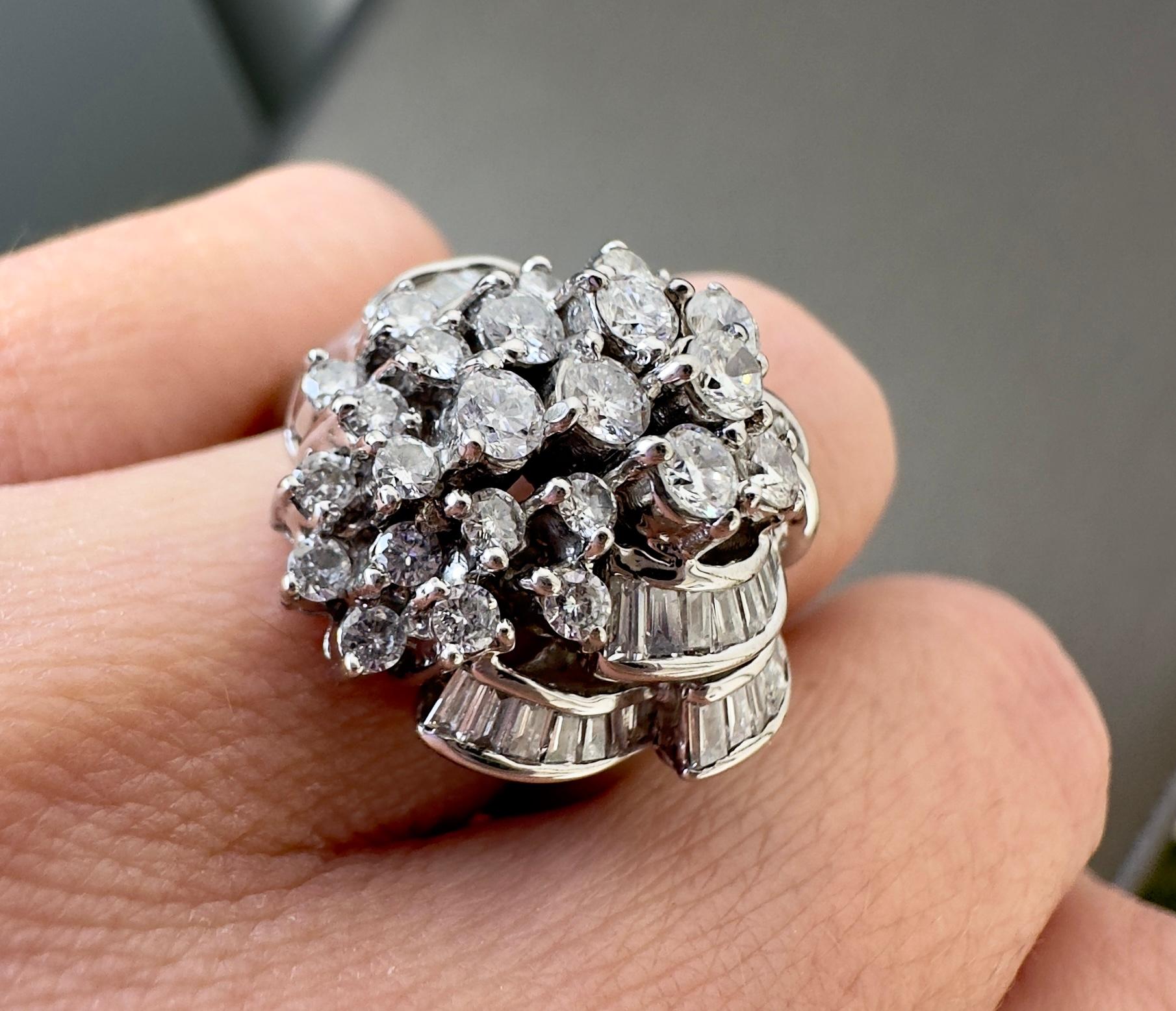 Vintage 18k White Gold Multi-Shape Diamond Cocktail Ring 1.5 Carat Total For Sale 2