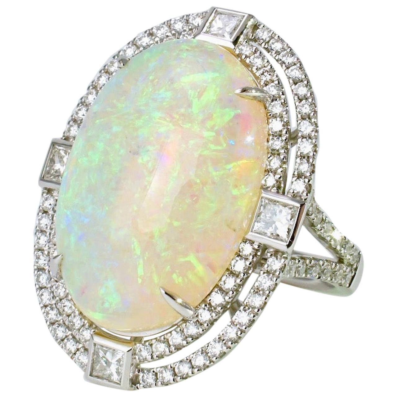 Vintage 18 Karat White Gold Opal Diamond Ring For Sale