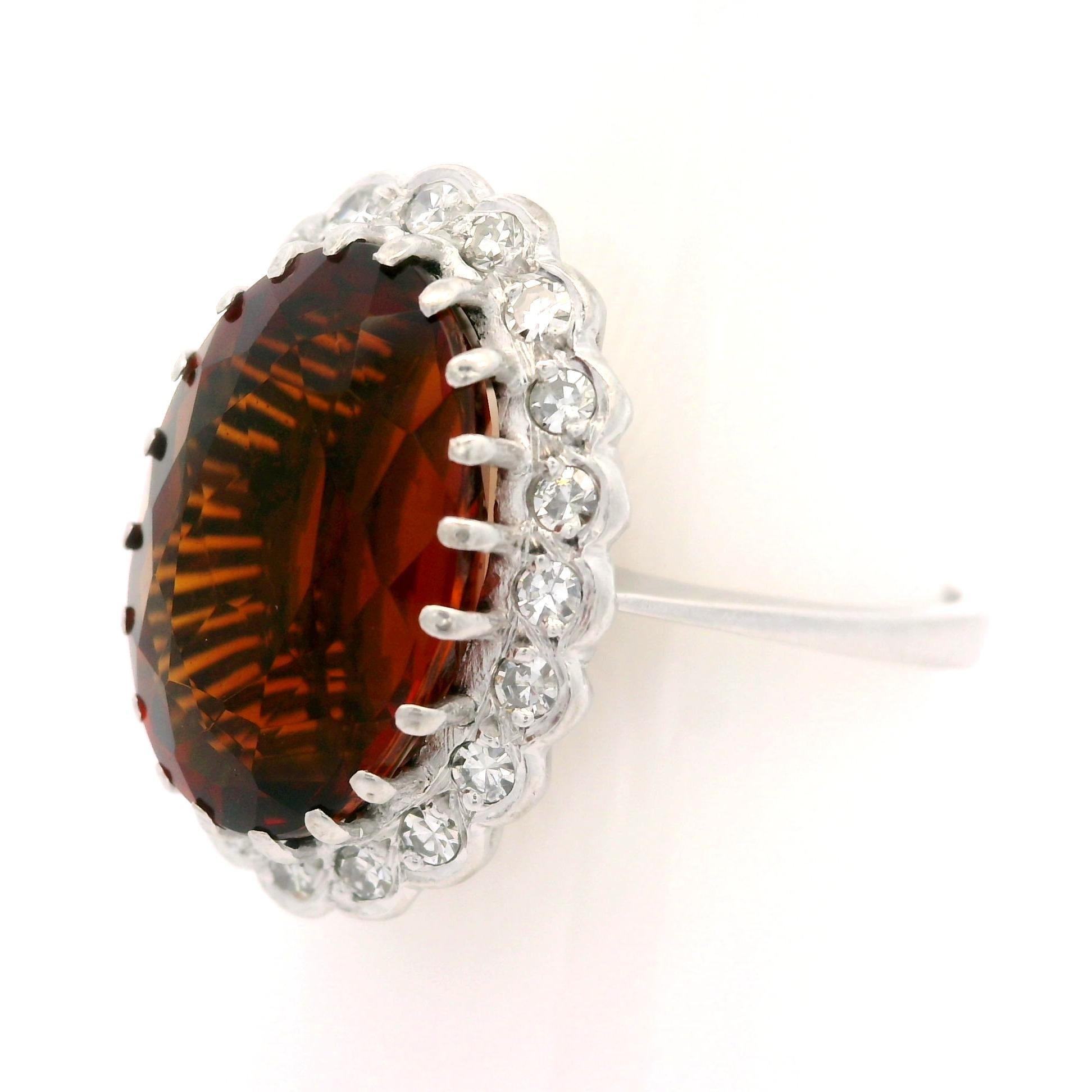 Oval Cut Vintage 18k White Gold Oval Madeira Citrine & Diamond Halo Cocktail Ring For Sale