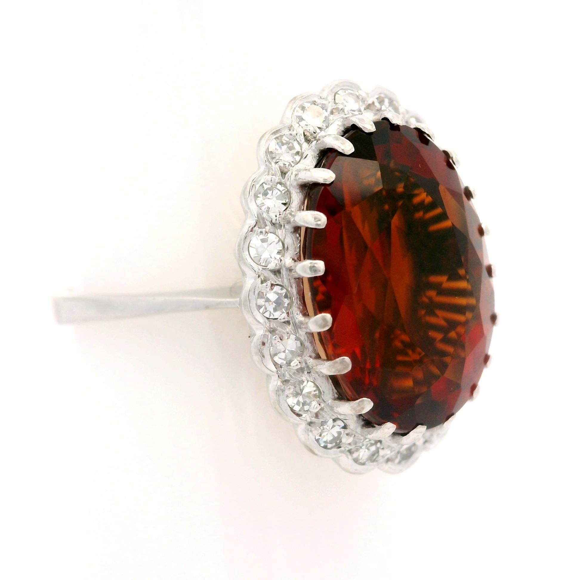 Vintage 18k White Gold Oval Madeira Citrine & Diamond Halo Cocktail Ring For Sale 2