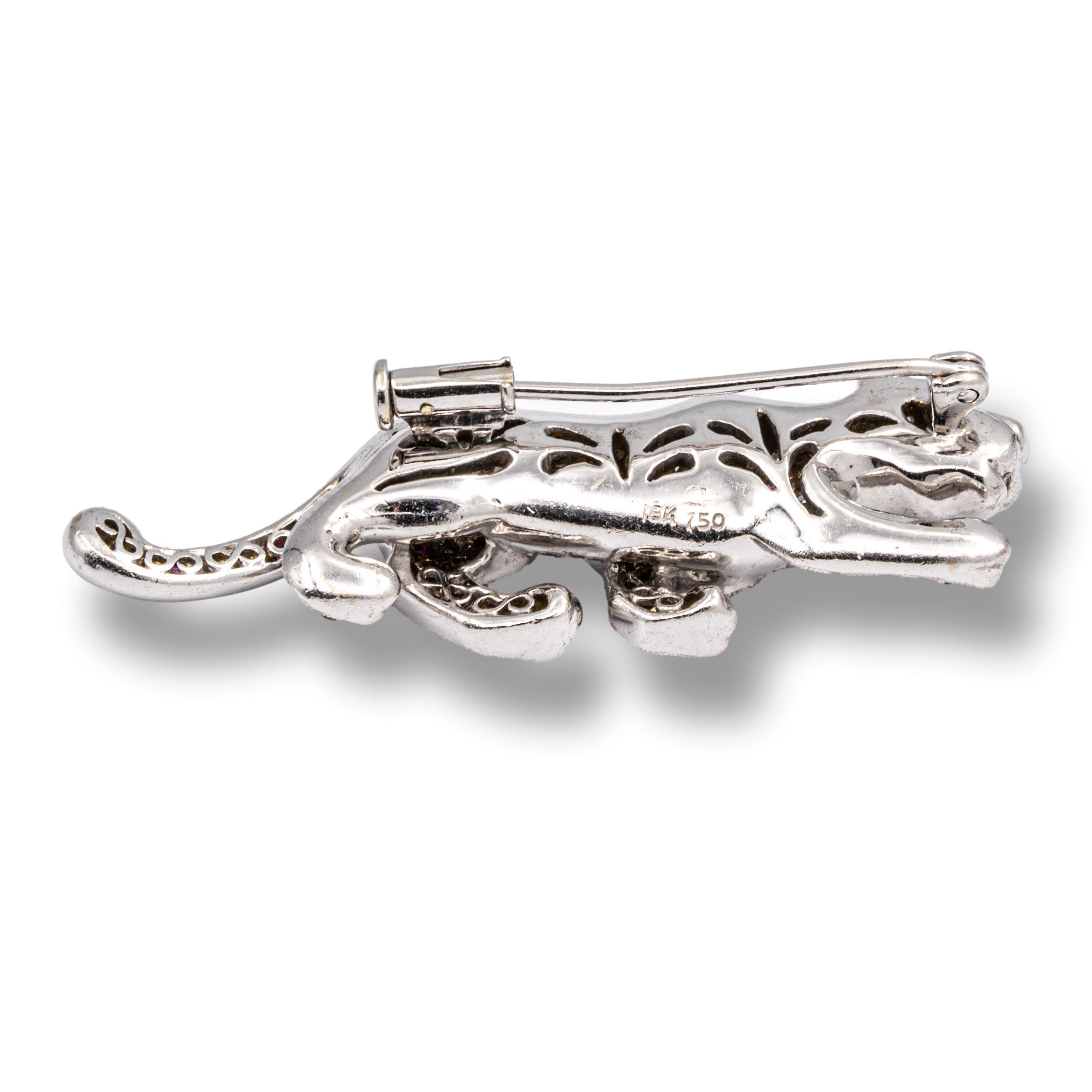 Brilliant Cut Vintage 18K White Gold Panther Brooch 2.50 Cts Pave Diamonds + Pink Sapphires For Sale