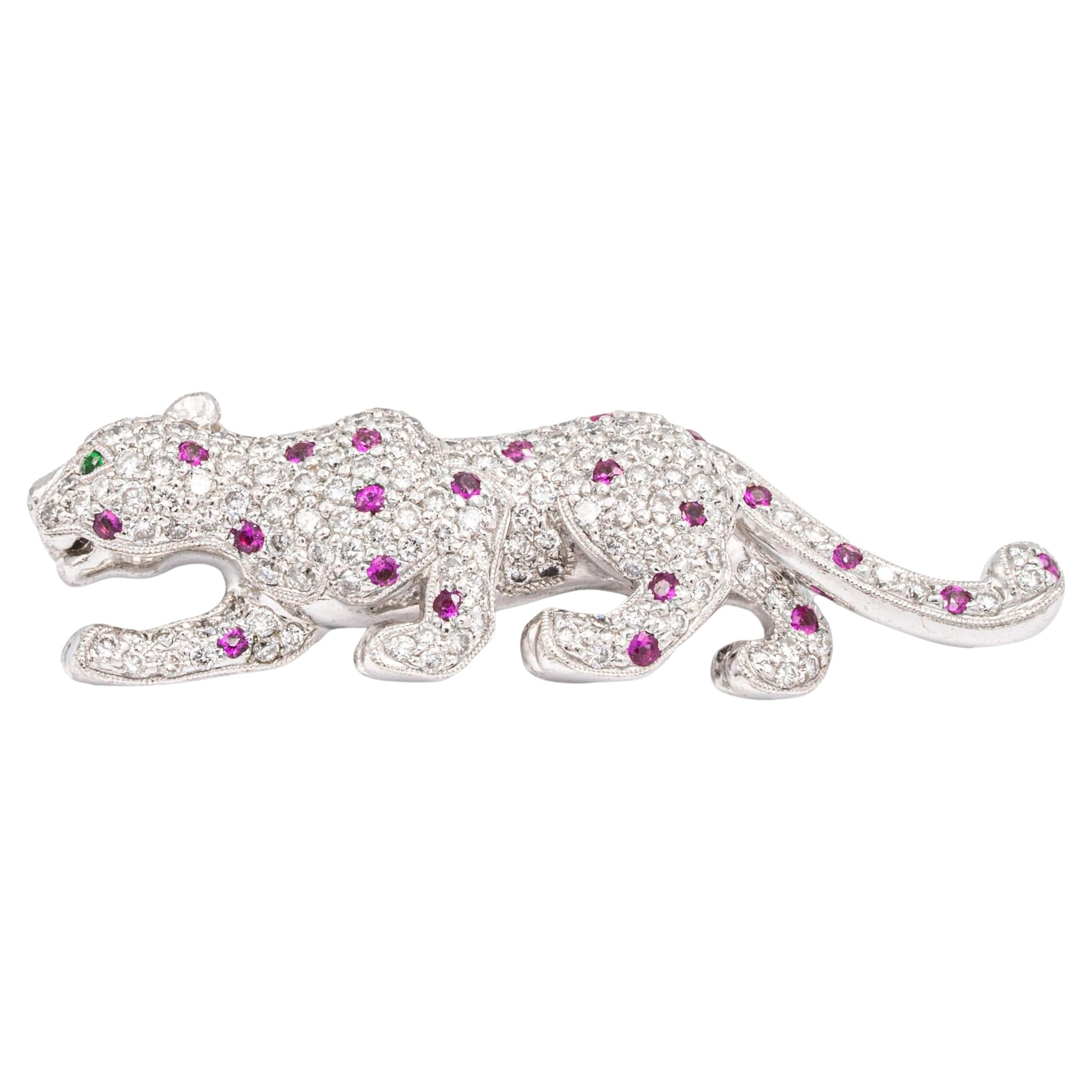 Vintage 18K White Gold Panther Brooch 2.50 Cts Pave Diamonds + Pink Sapphires