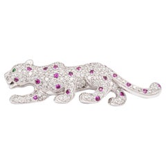Vintage 18K White Gold Panther Brooch 2.50 Cts Pave Diamonds + Pink Sapphires