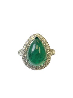 Vintage 18K White Gold Pear-Shaped Cabochon Emerald and Diamond Cocktail Ring