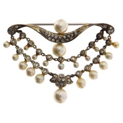 Vintage 18K White Gold Pearl Diamond Grain Setting Brooch
