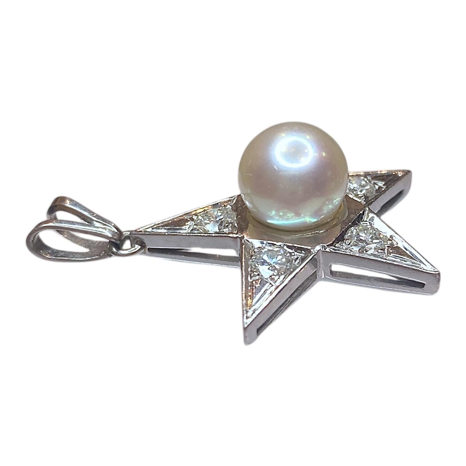 Contemporary Vintage 18K White Gold Pearl & Diamond Star Pendant For Sale