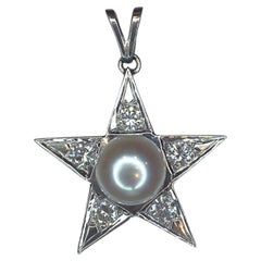 Pendentif étoile vintage en or blanc 18K avec perles et diamants