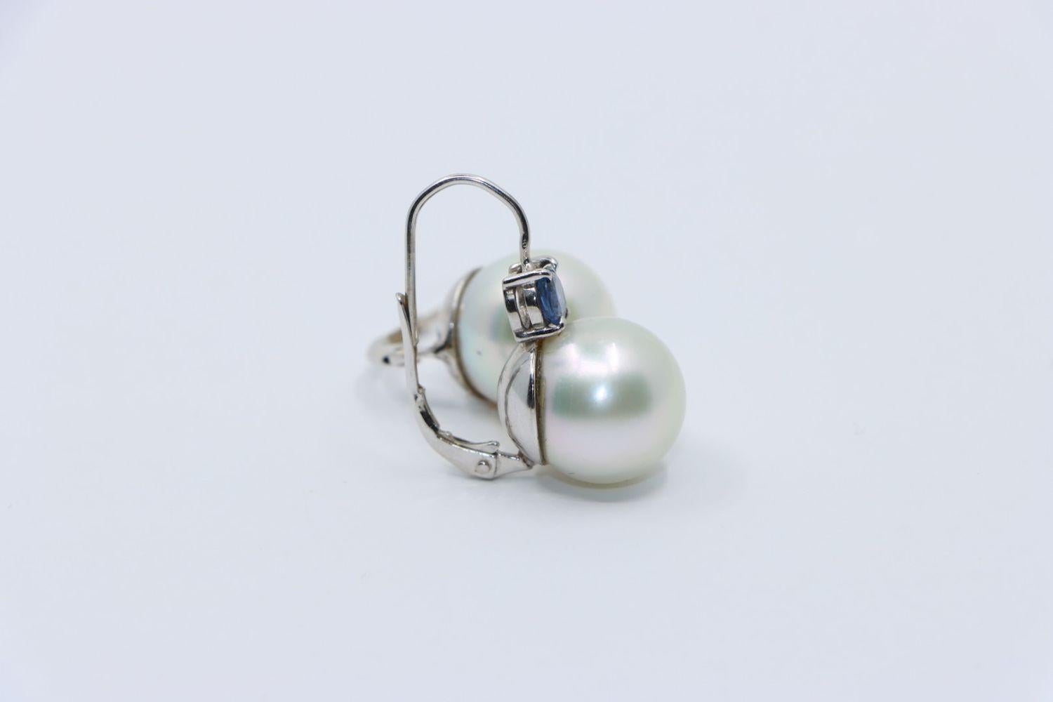 Pendiente vintage de oro blanco de 18 quilates con perla Saphirre en venta 6