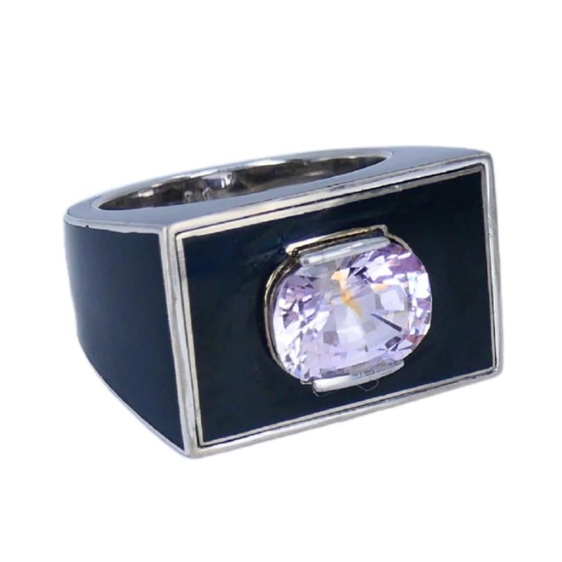 Vintage 18k White Gold Pink Sapphire Black Enamel Ring im Angebot 6
