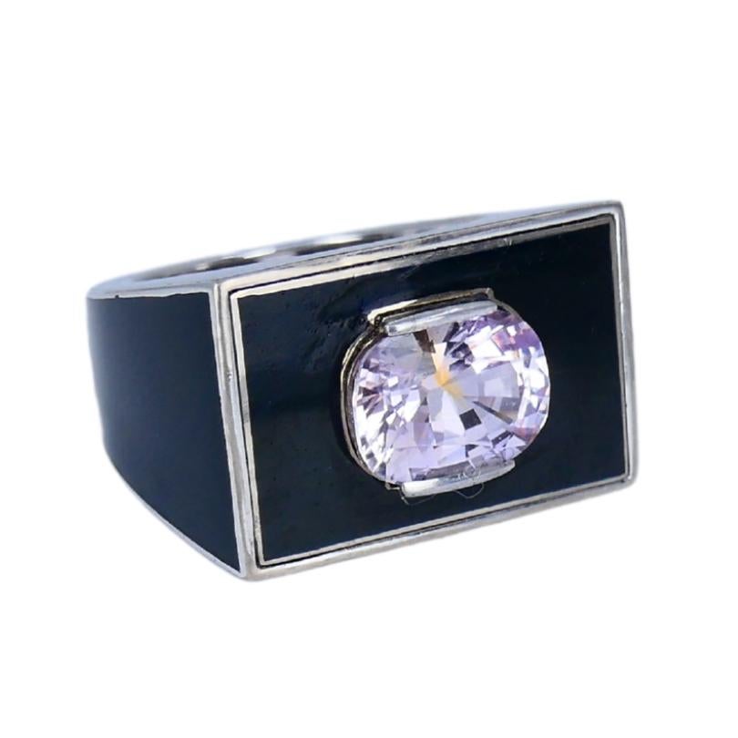Vintage 18k White Gold Pink Sapphire Black Enamel Ring im Angebot 7