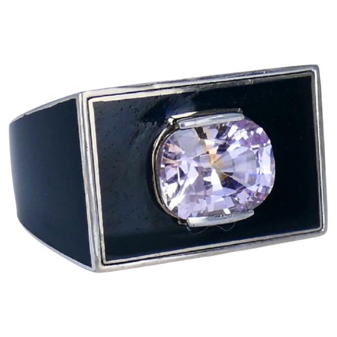Vintage 18k White Gold Pink Sapphire Black Enamel Ring