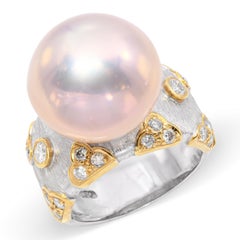 Vintage-Ring aus 18-karätigem Weißgold mit einer rosa Südseeperle und Diamanten