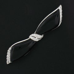 Vintage 18k White Gold Polished Black Onyx .30ctw Diamonds Ribbon Bow Pin Brooch