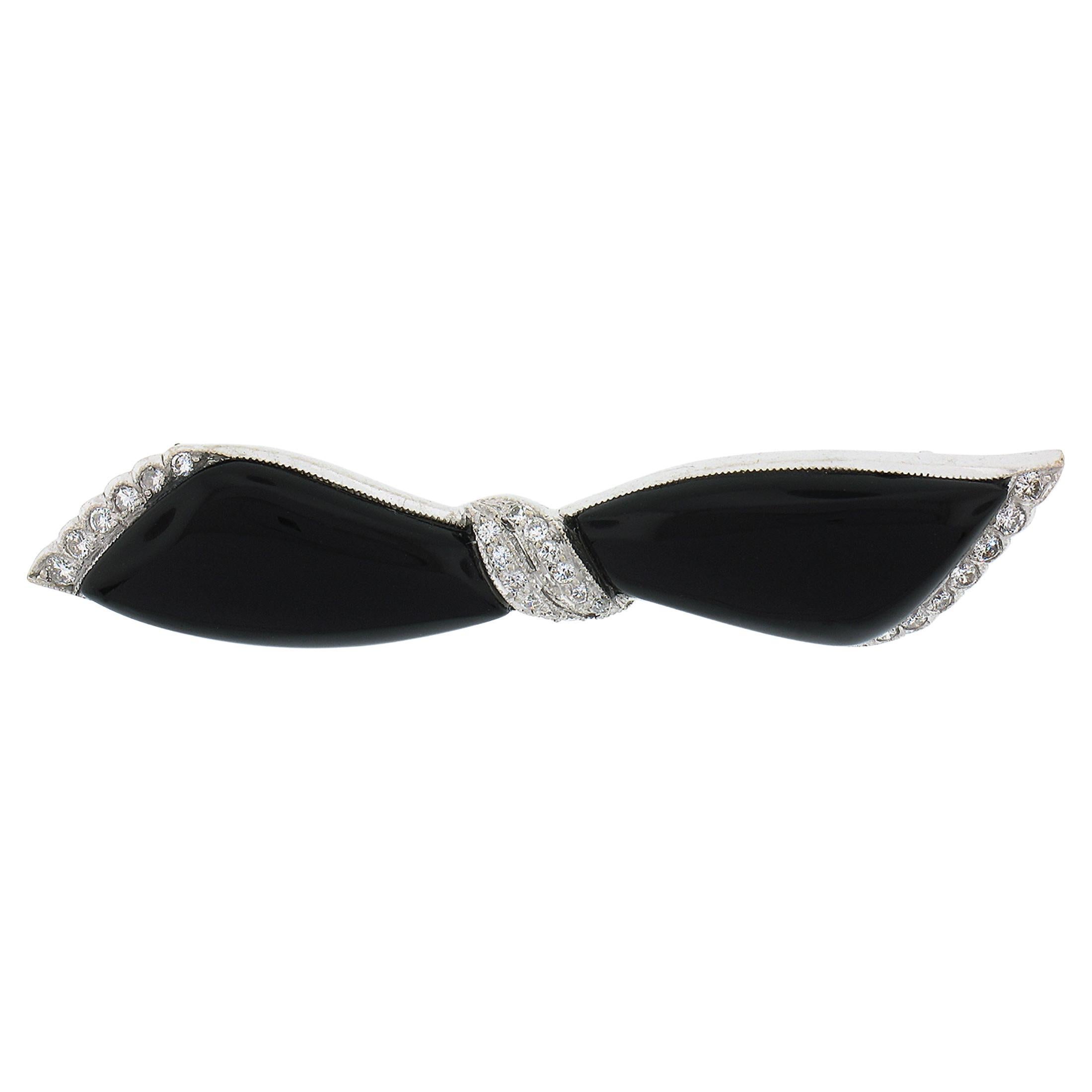 Vintage 18k White Gold Polished Black Onyx .30ctw Diamonds Ribbon Bow Pin Brooch For Sale