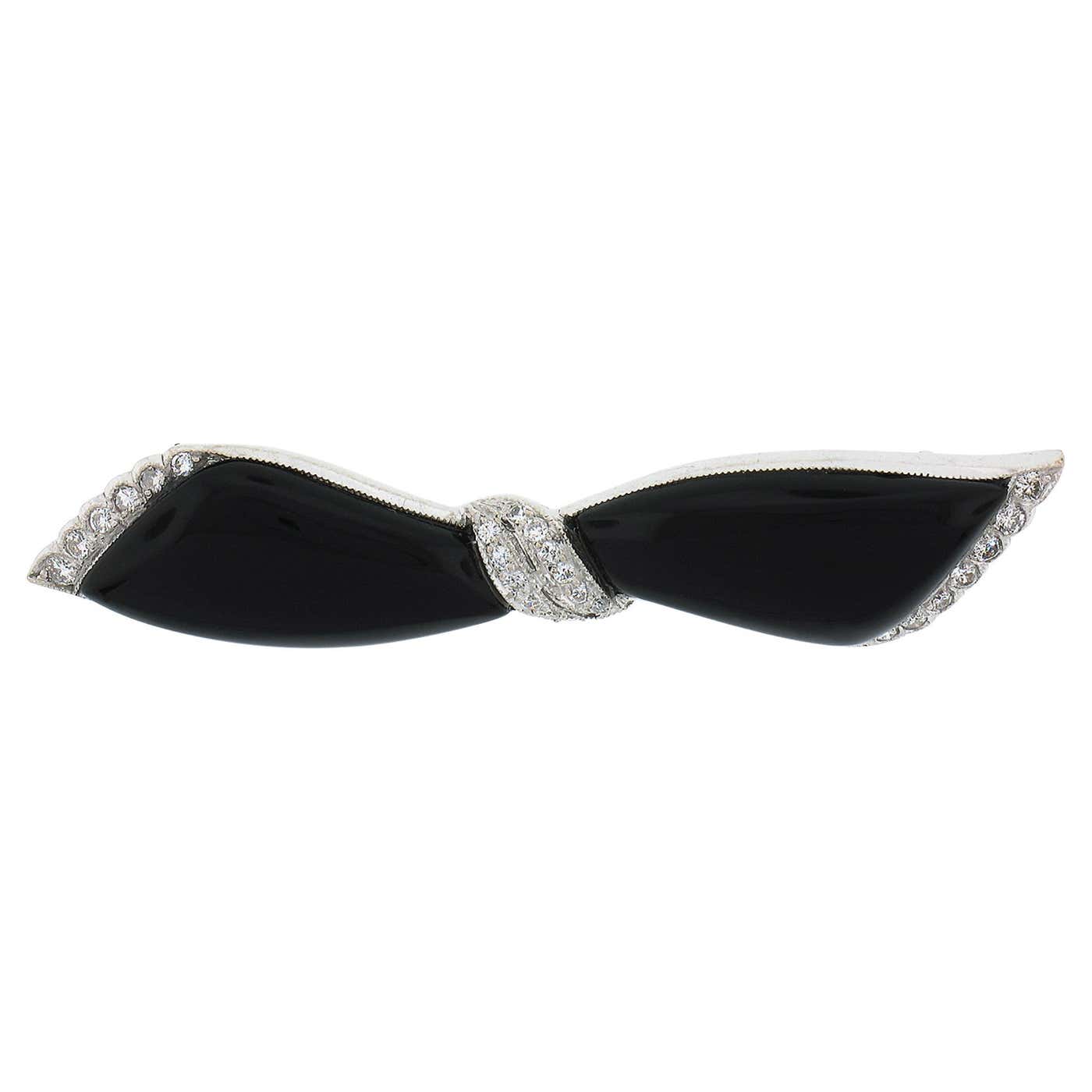 Vintage 18k White Gold Polished Black Onyx .30ctw Diamonds Ribbon Bow ...