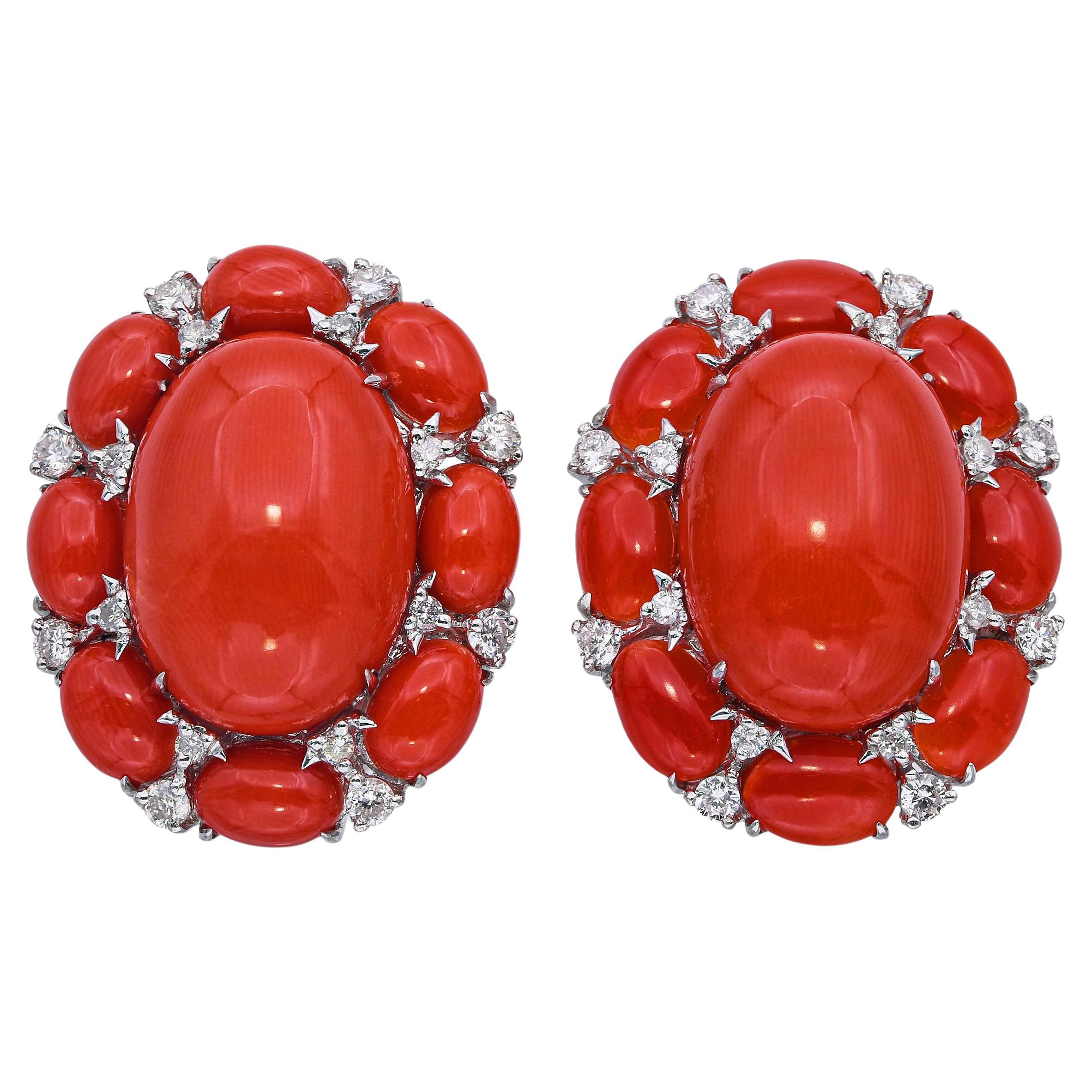 Vintage 18k White Gold Red Coral and Diamond Omega Back Earrings