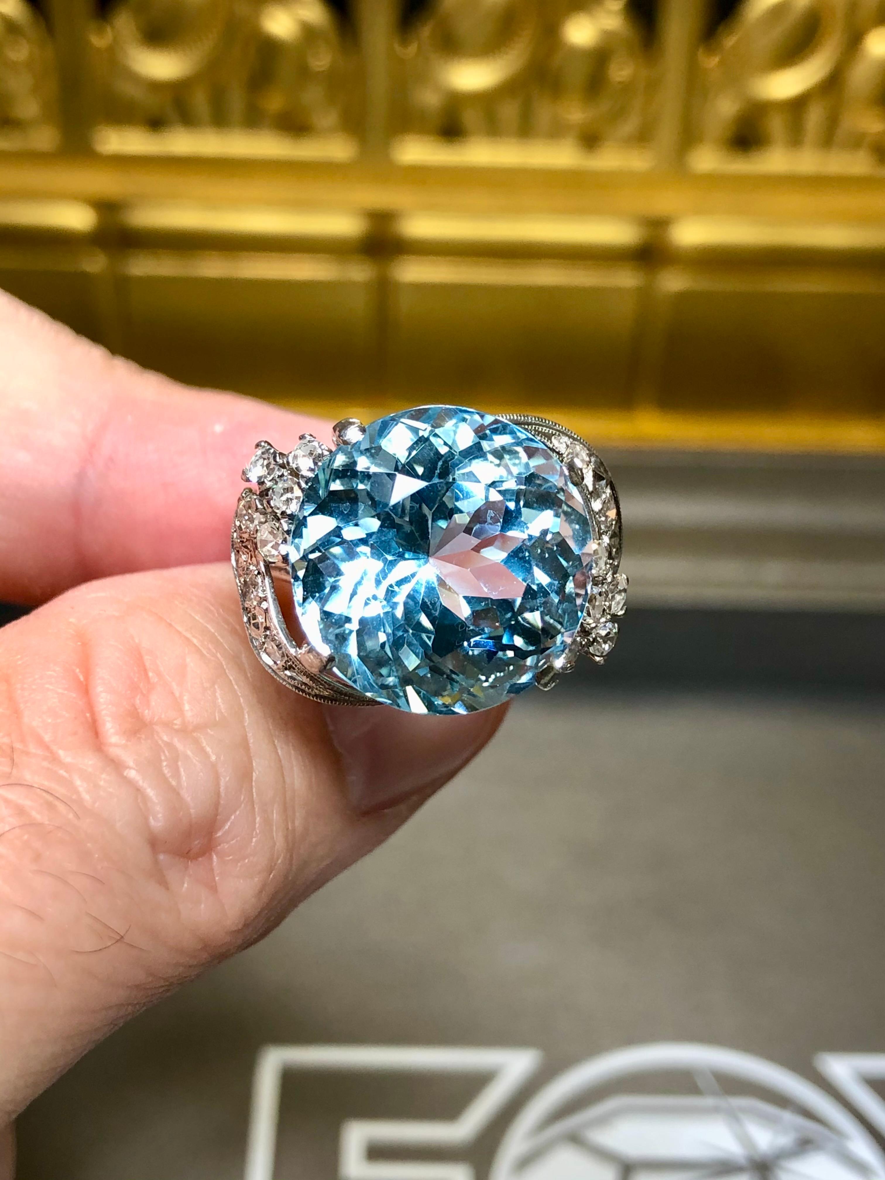 Vintage 18K White Gold Round Aquamarine Diamond Cocktail Ring 15.67cttw Sz 6.75 In Good Condition For Sale In Winter Springs, FL