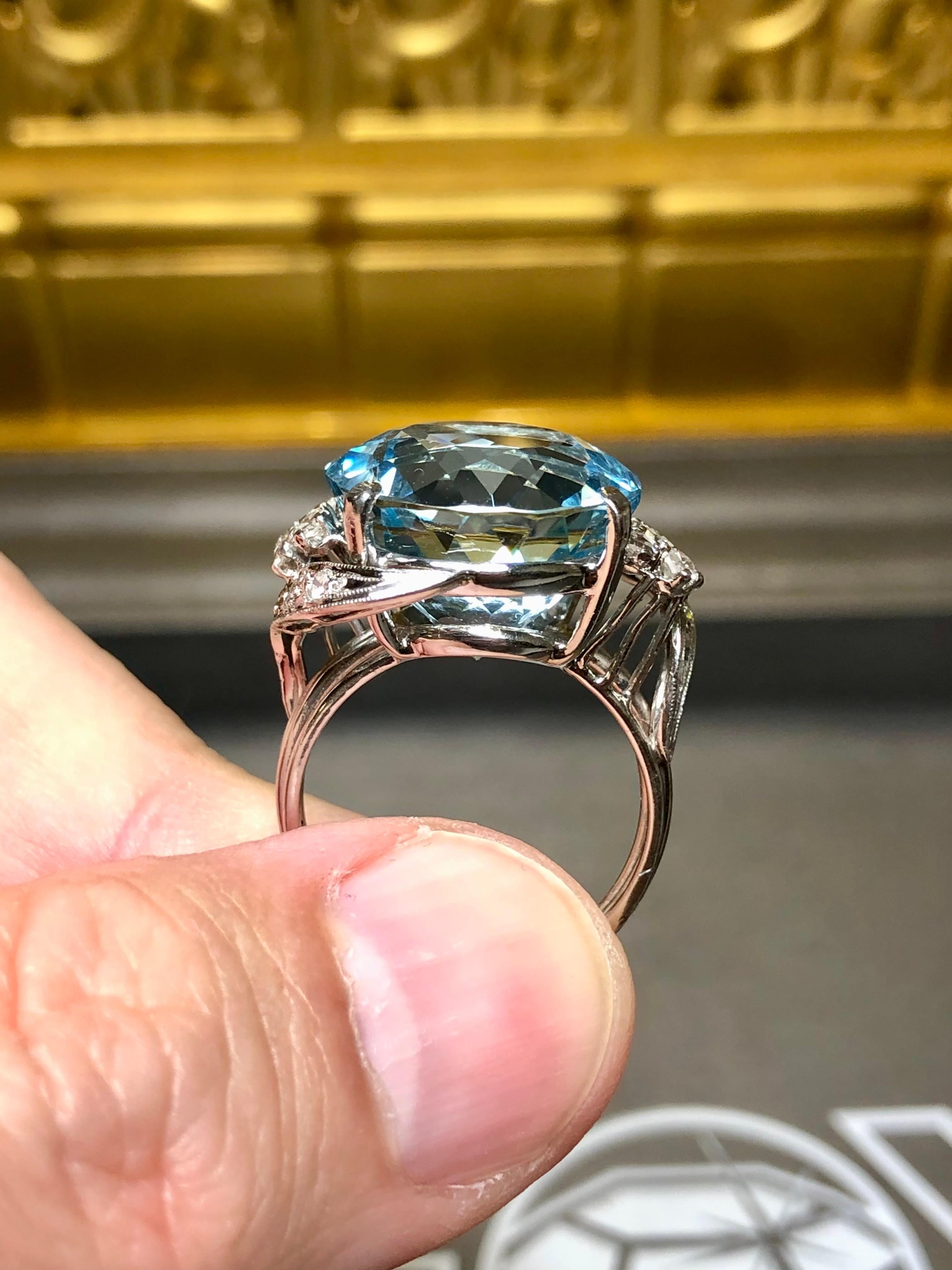 Vintage 18K White Gold Round Aquamarine Diamond Cocktail Ring 15.67cttw Sz 6.75 For Sale 1