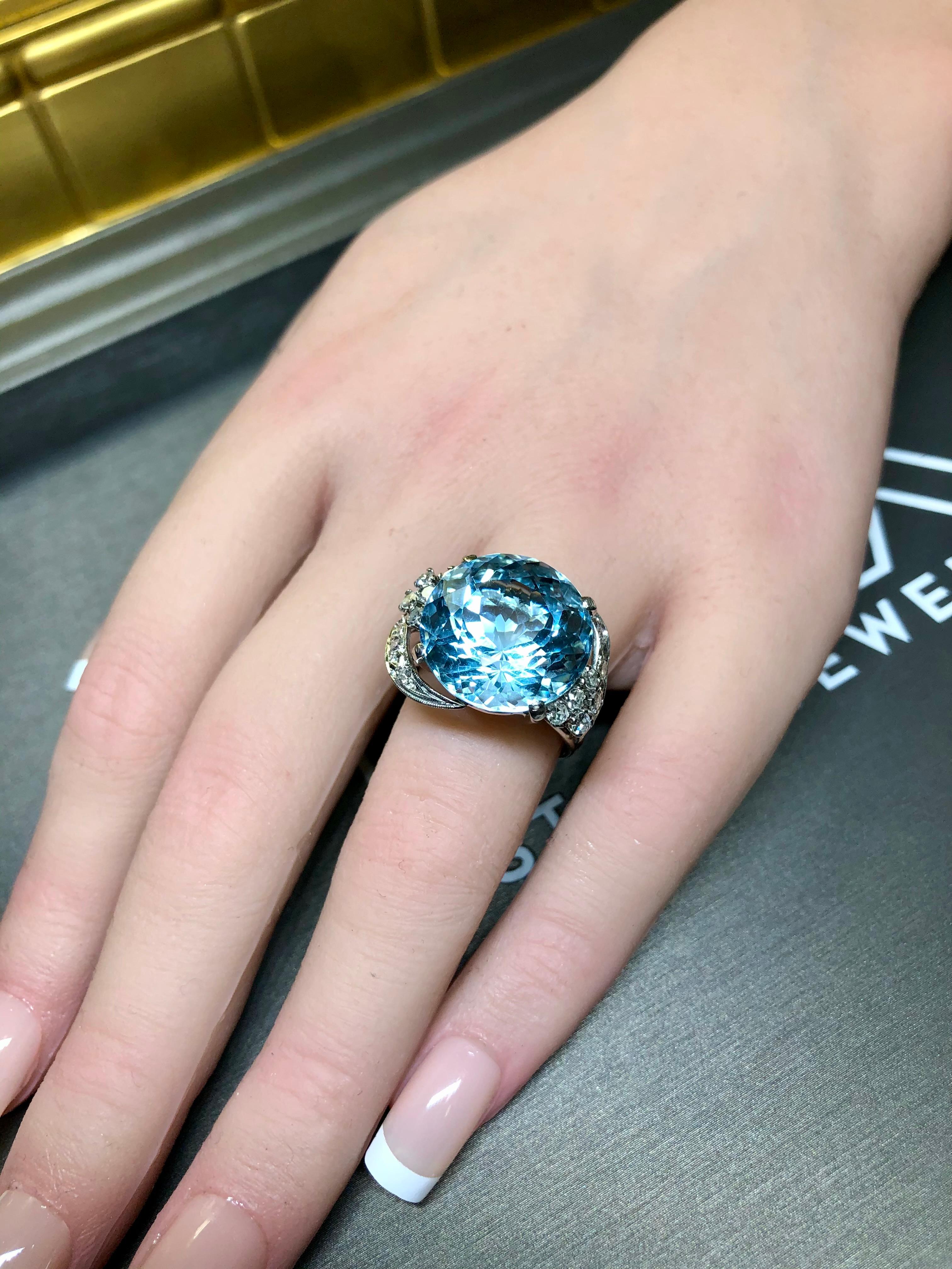 Vintage 18K White Gold Round Aquamarine Diamond Cocktail Ring 15.67cttw Sz 6.75 For Sale 3