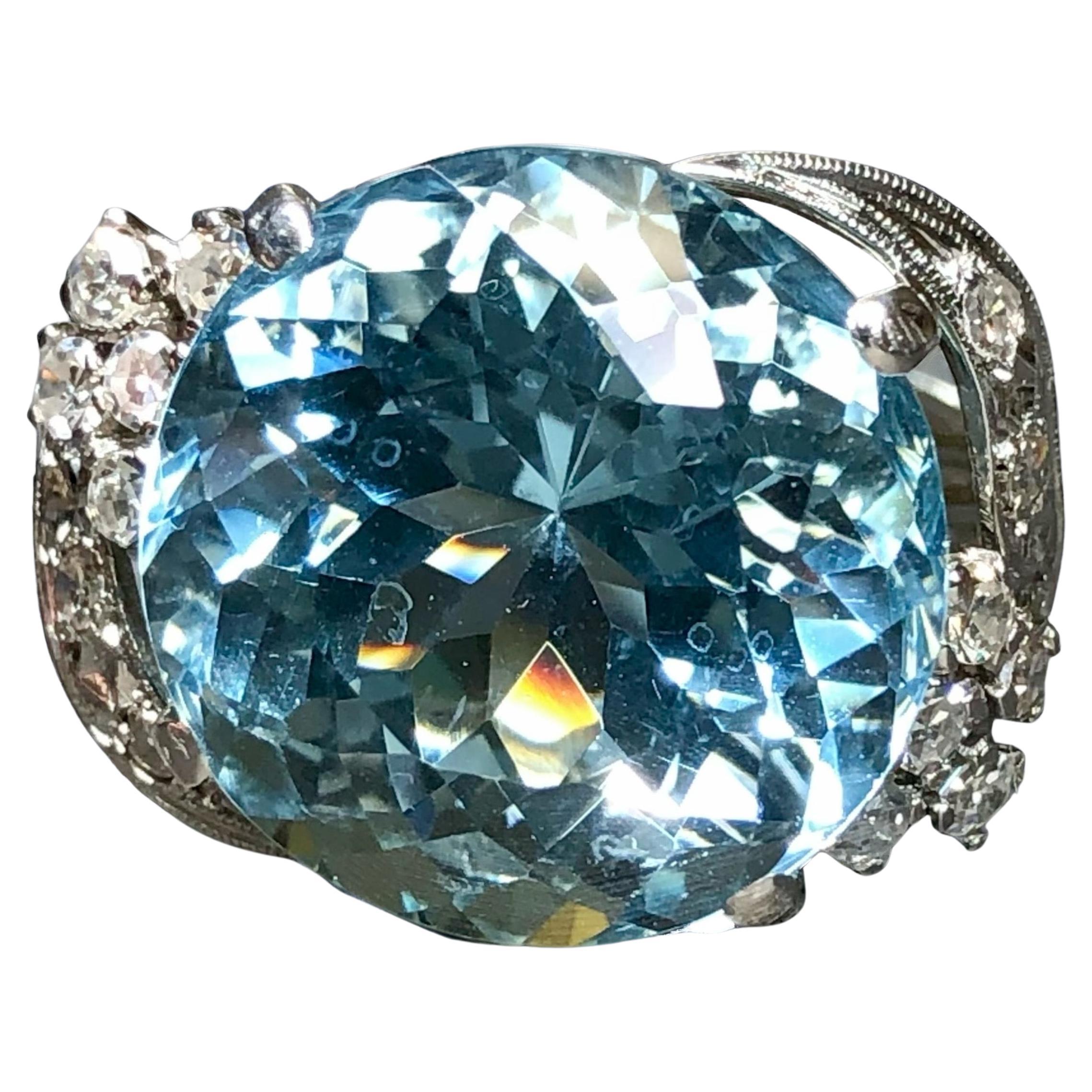 Vintage 18K White Gold Round Aquamarine Diamond Cocktail Ring 15.67cttw Sz 6.75