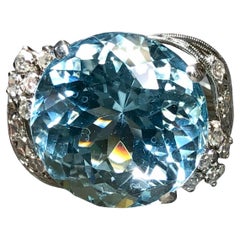 Vintage 18K White Gold Round Aquamarine Diamond Cocktail Ring 15.67cttw Sz 6.75