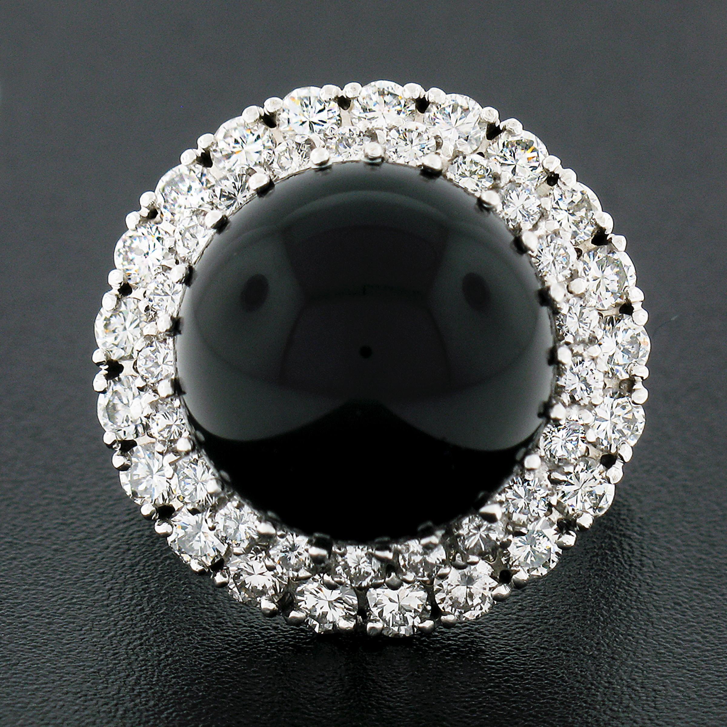 Round Cut Vintage 18K White Gold Round Cabochon Black Onyx Diamond Dual Halo Cocktail Ring For Sale