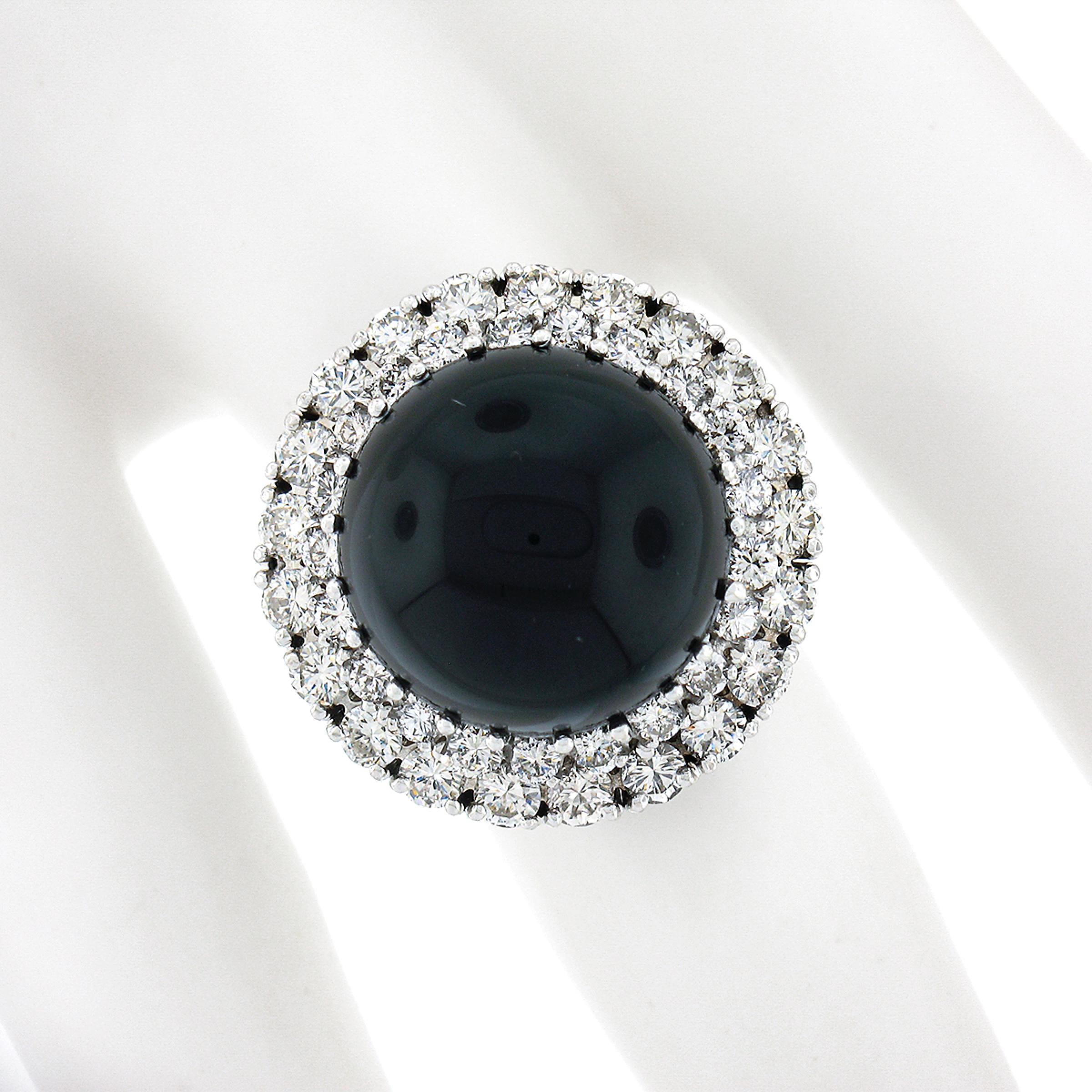 Vintage 18K White Gold Round Cabochon Black Onyx Diamond Dual Halo Cocktail Ring In Excellent Condition For Sale In Montclair, NJ