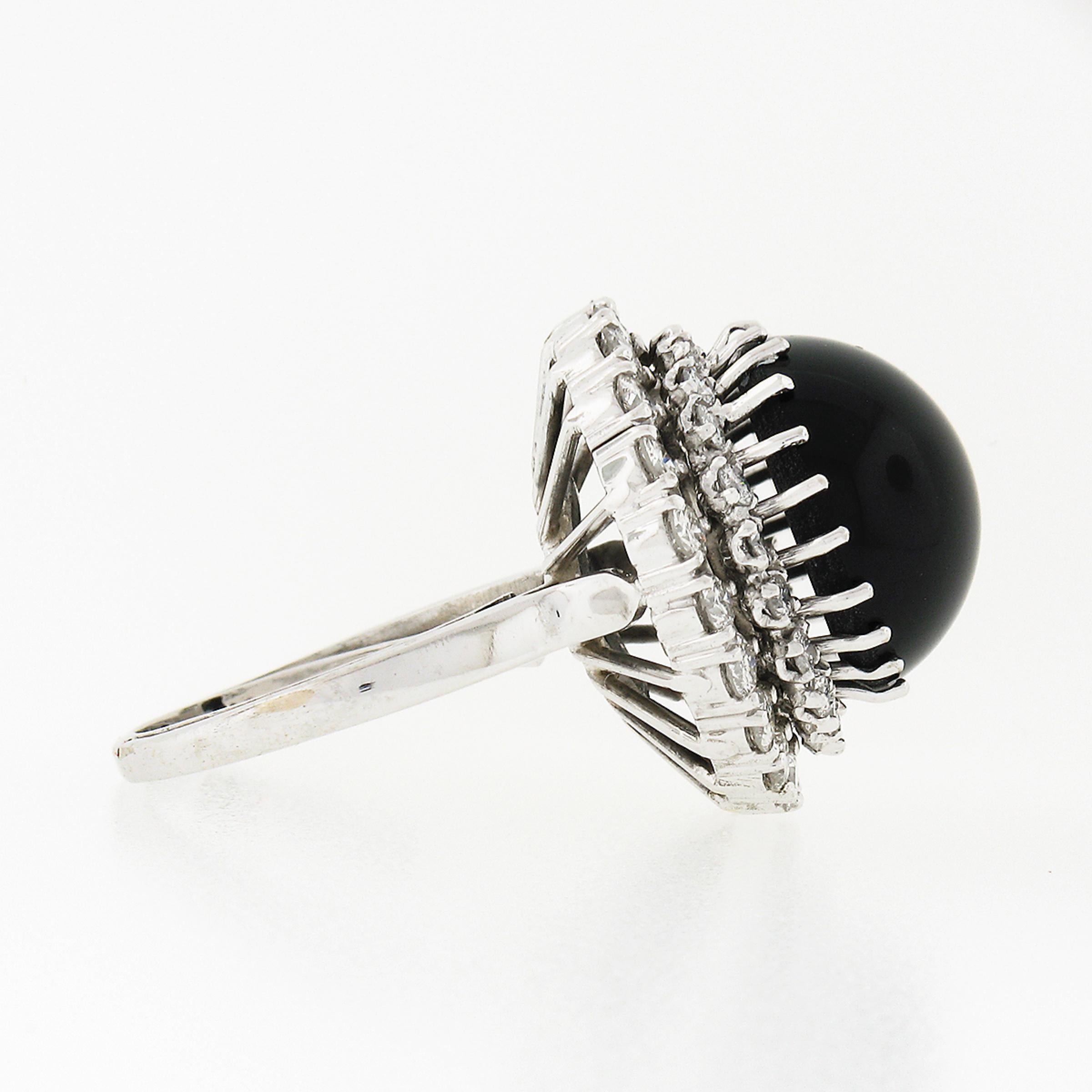 Women's Vintage 18K White Gold Round Cabochon Black Onyx Diamond Dual Halo Cocktail Ring For Sale