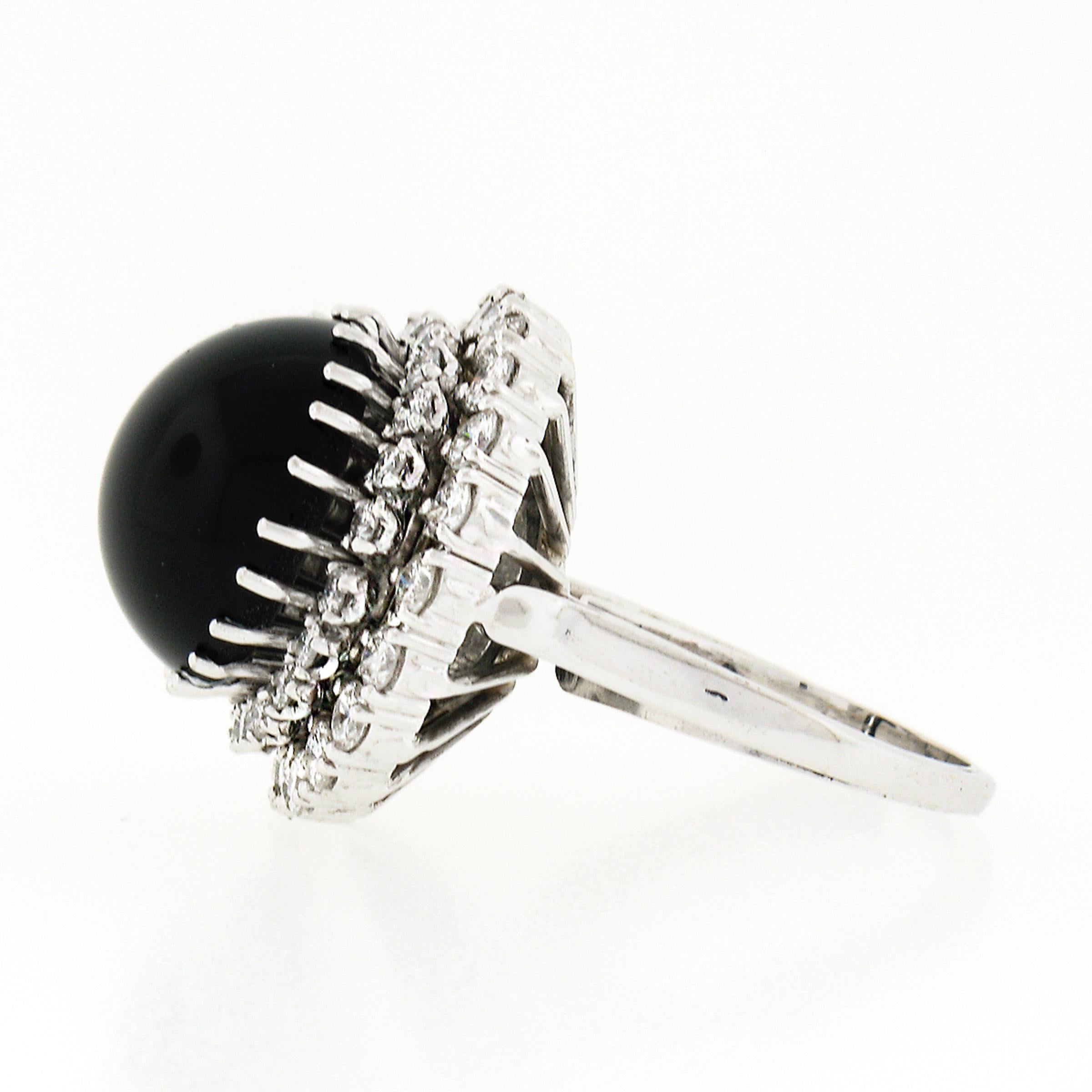 Vintage 18K White Gold Round Cabochon Black Onyx Diamond Dual Halo Cocktail Ring For Sale 1