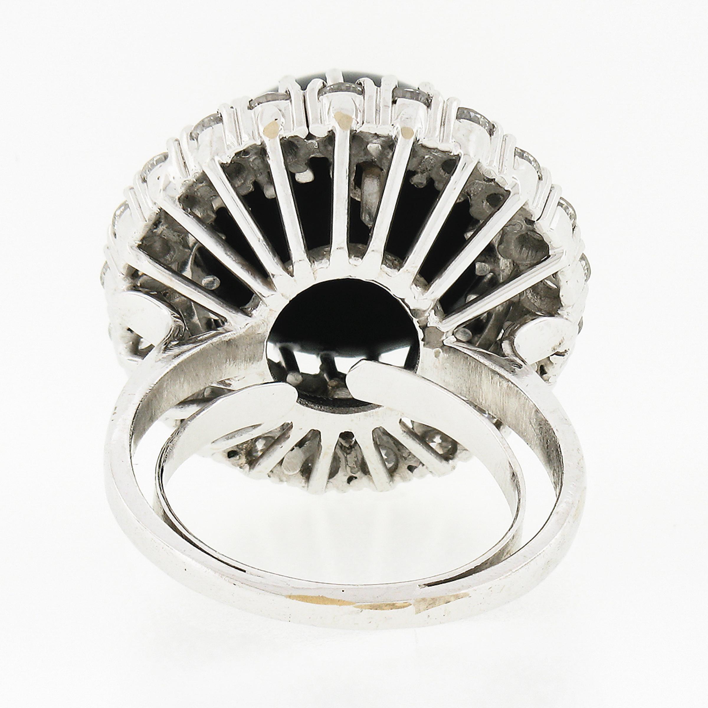 Vintage 18K White Gold Round Cabochon Black Onyx Diamond Dual Halo Cocktail Ring For Sale 2