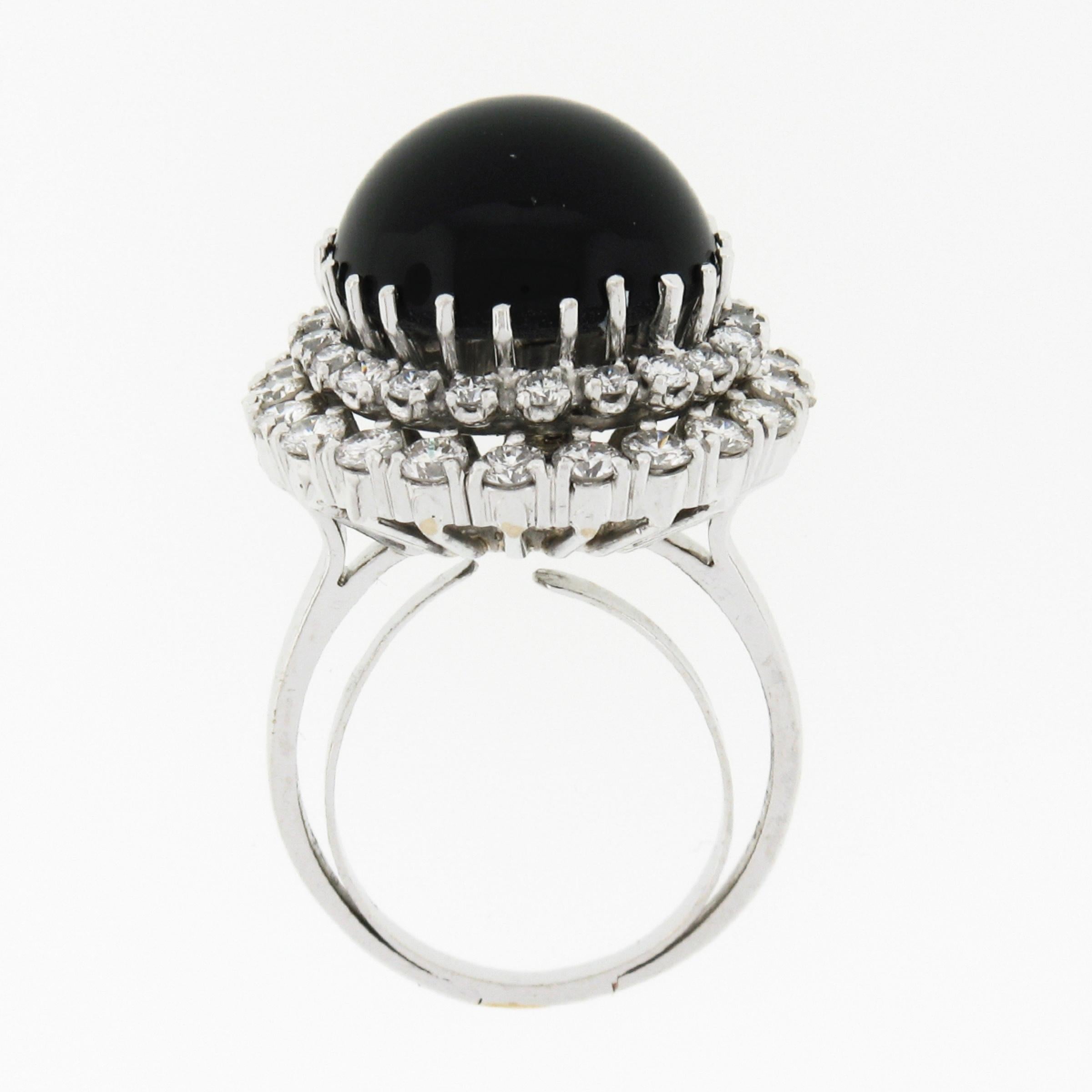 Vintage 18K White Gold Round Cabochon Black Onyx Diamond Dual Halo Cocktail Ring For Sale 3