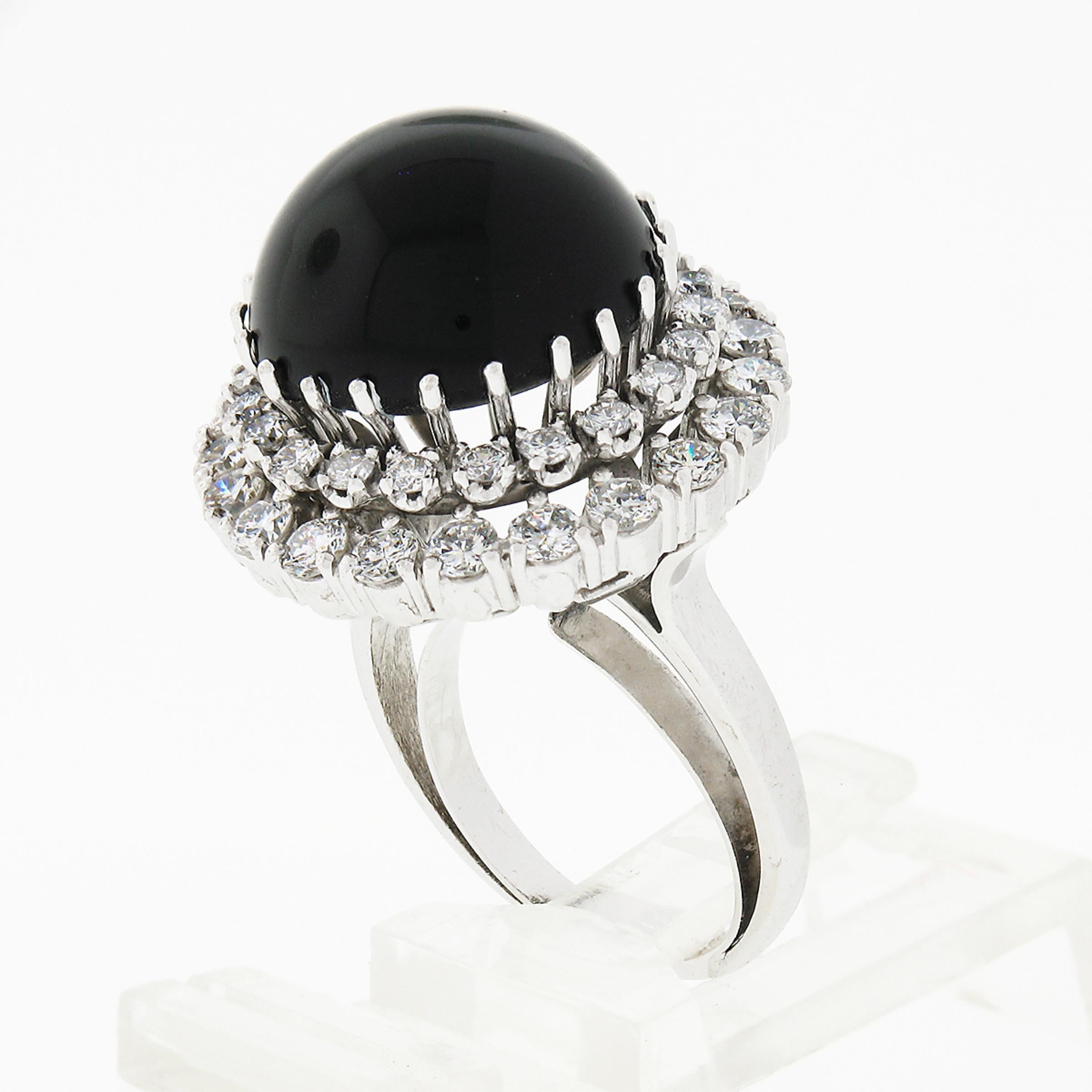 Vintage 18K White Gold Round Cabochon Black Onyx Diamond Dual Halo Cocktail Ring For Sale 4