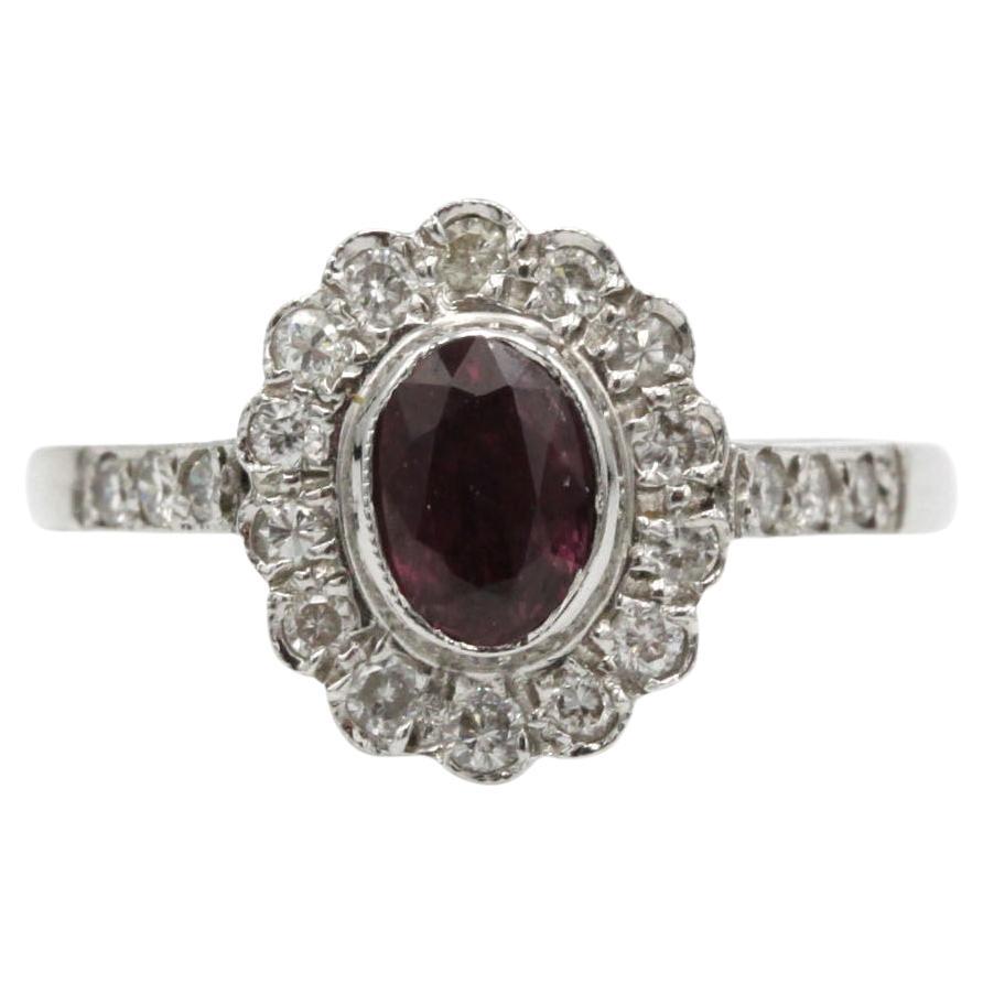 Anello a grappolo di diamanti e rubini in oro bianco 18k vintage - stile Marguerite