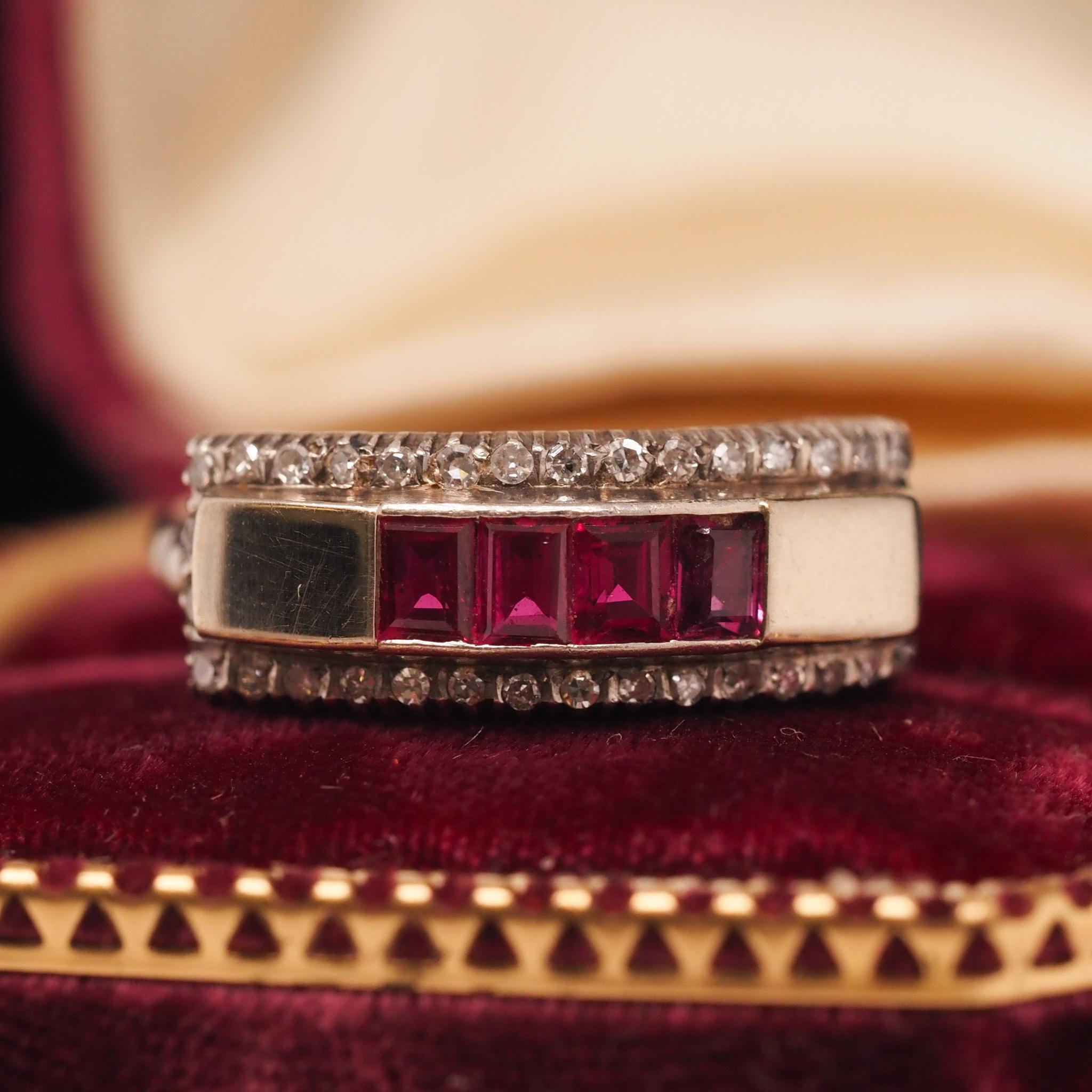 Year: 1950s
Item Details:
Ring Size: 7.5 (Sizable)
Metal Type: 18K White Gold [Hallmarked, and Tested]
Weight: 4.9grams
Ruby Details: Natural Rubies, .90ct total weight, Red color
Diamond Details: antique single cuts, F-G Color, VS Clarity
Band