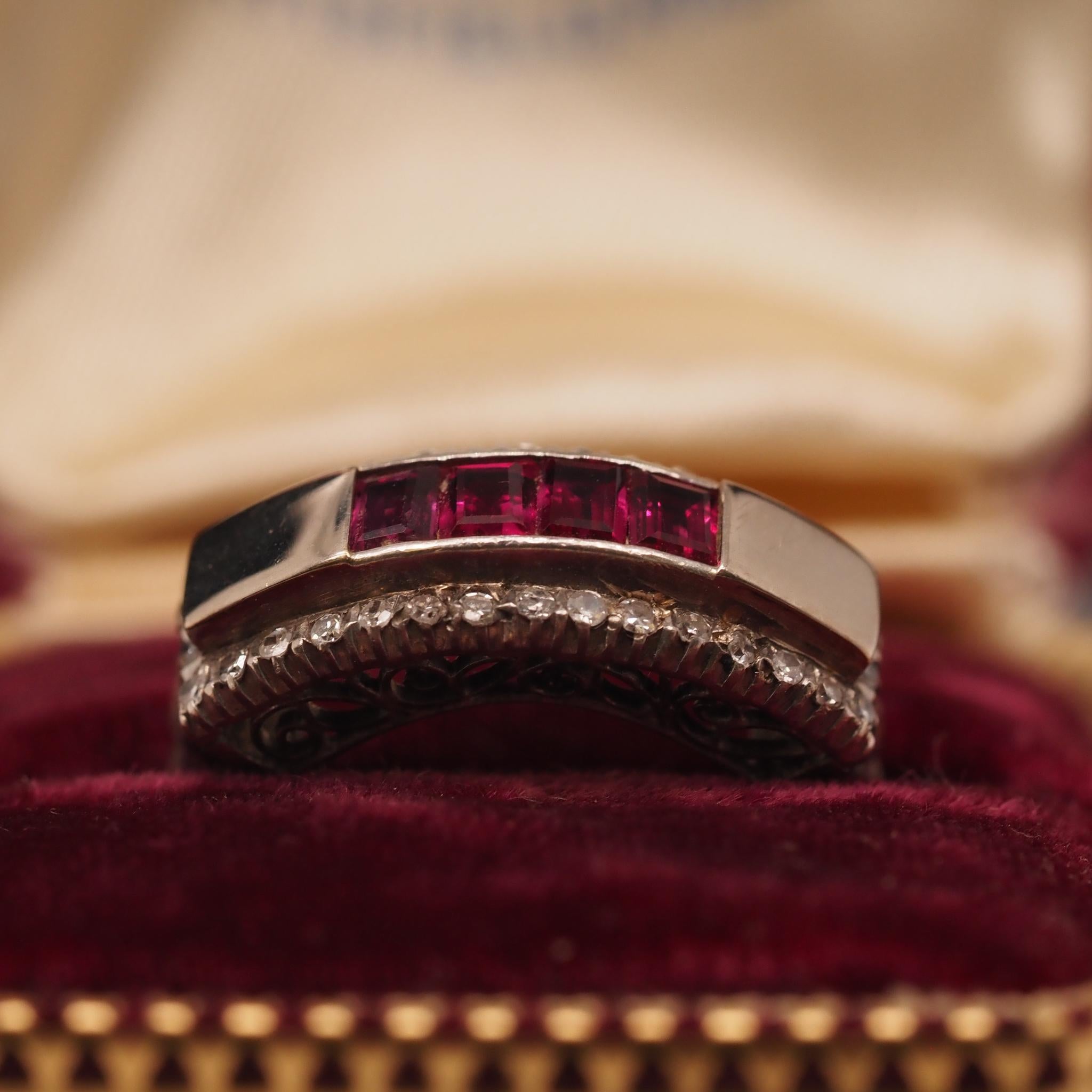 Vintage 18K White Gold Ruby and Diamond Wedding Band For Sale 2